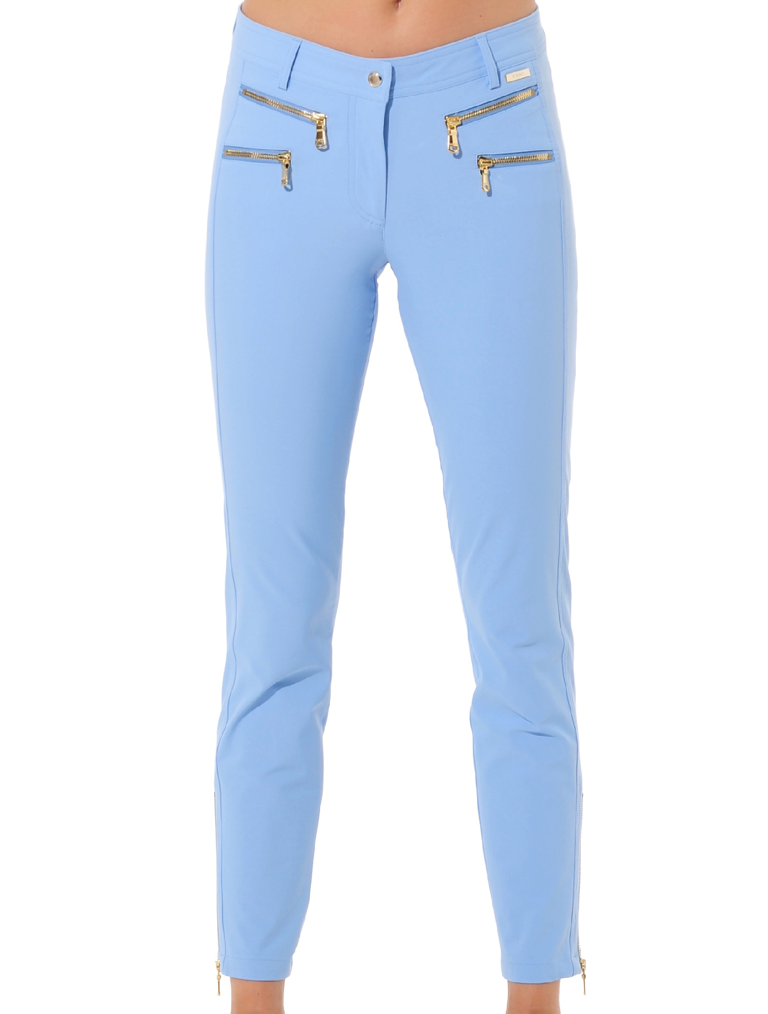 4way stretch shiny gold double zip ankle pants baby blue 