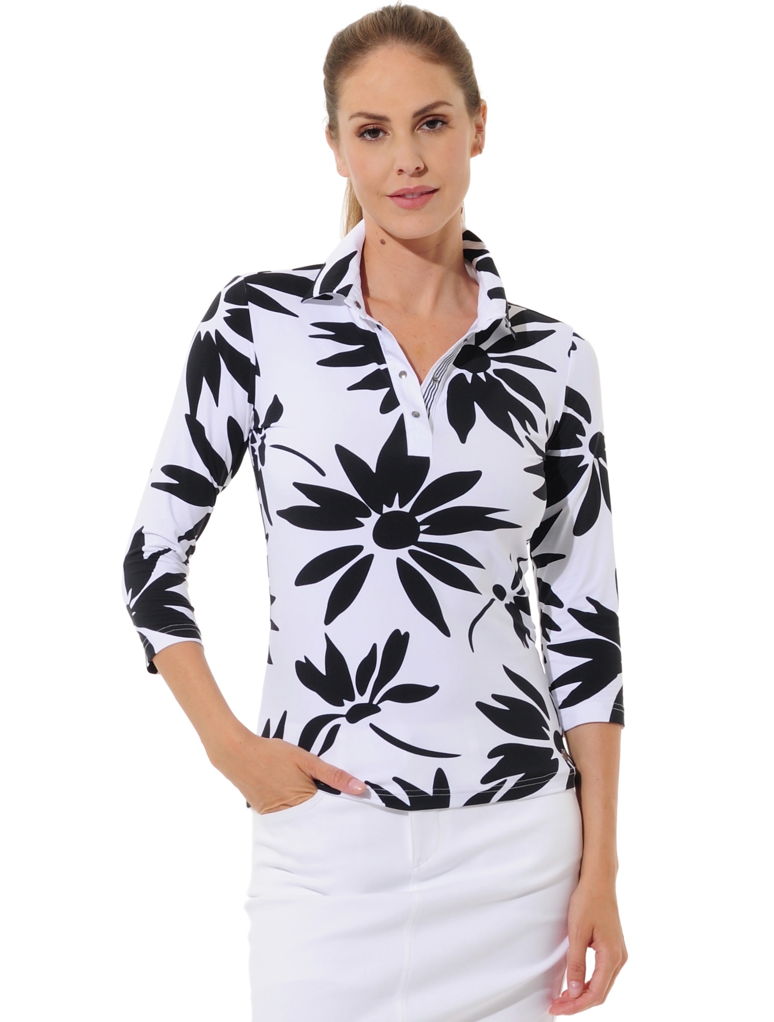 Daisies Print Golf Poloshirt white/black