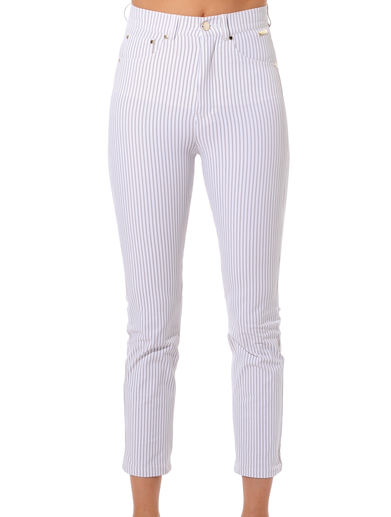 Pinstripes print high waist cropped pants light taupe 