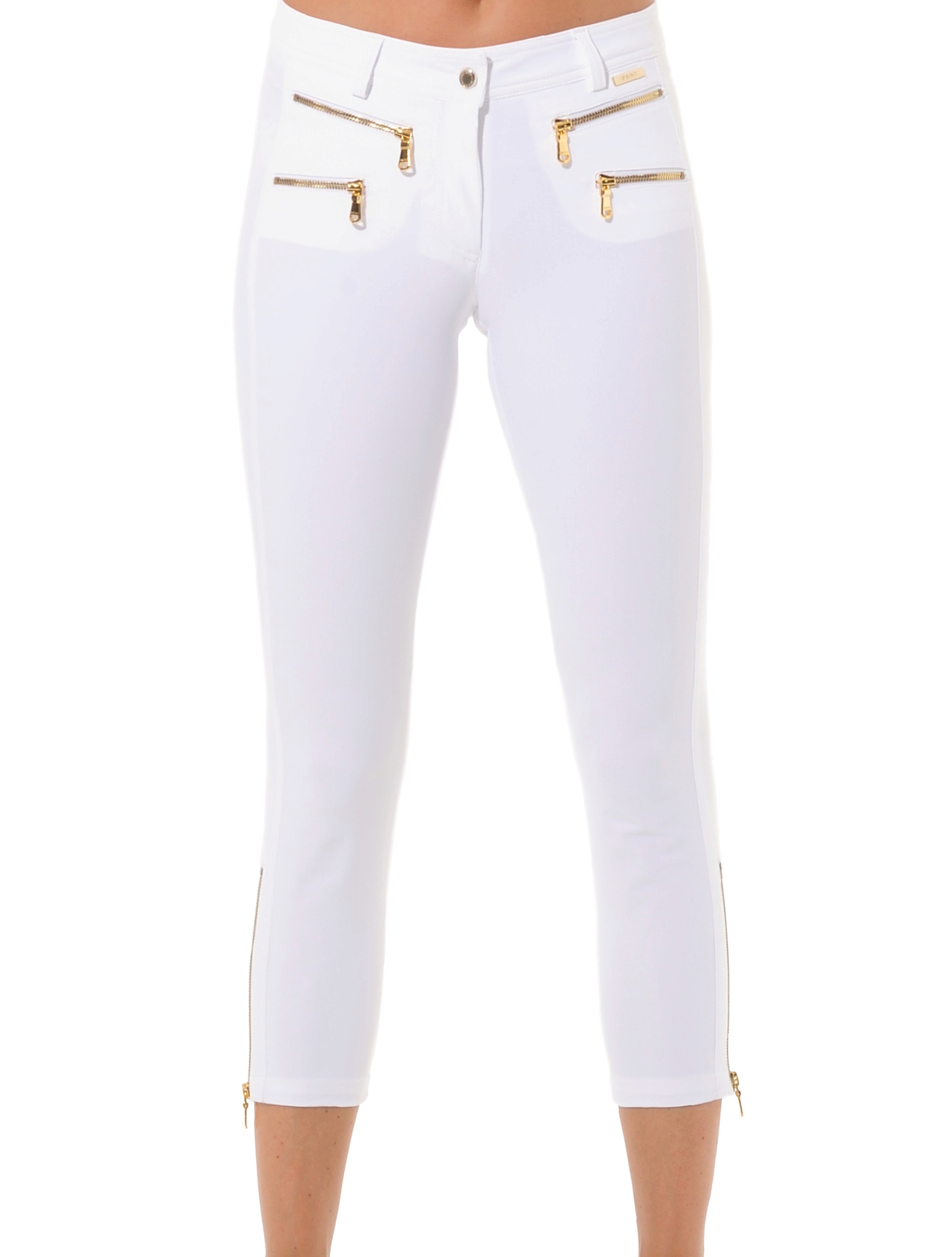 4way Stretch Shiny Gold Double Zip Cropped Pants white