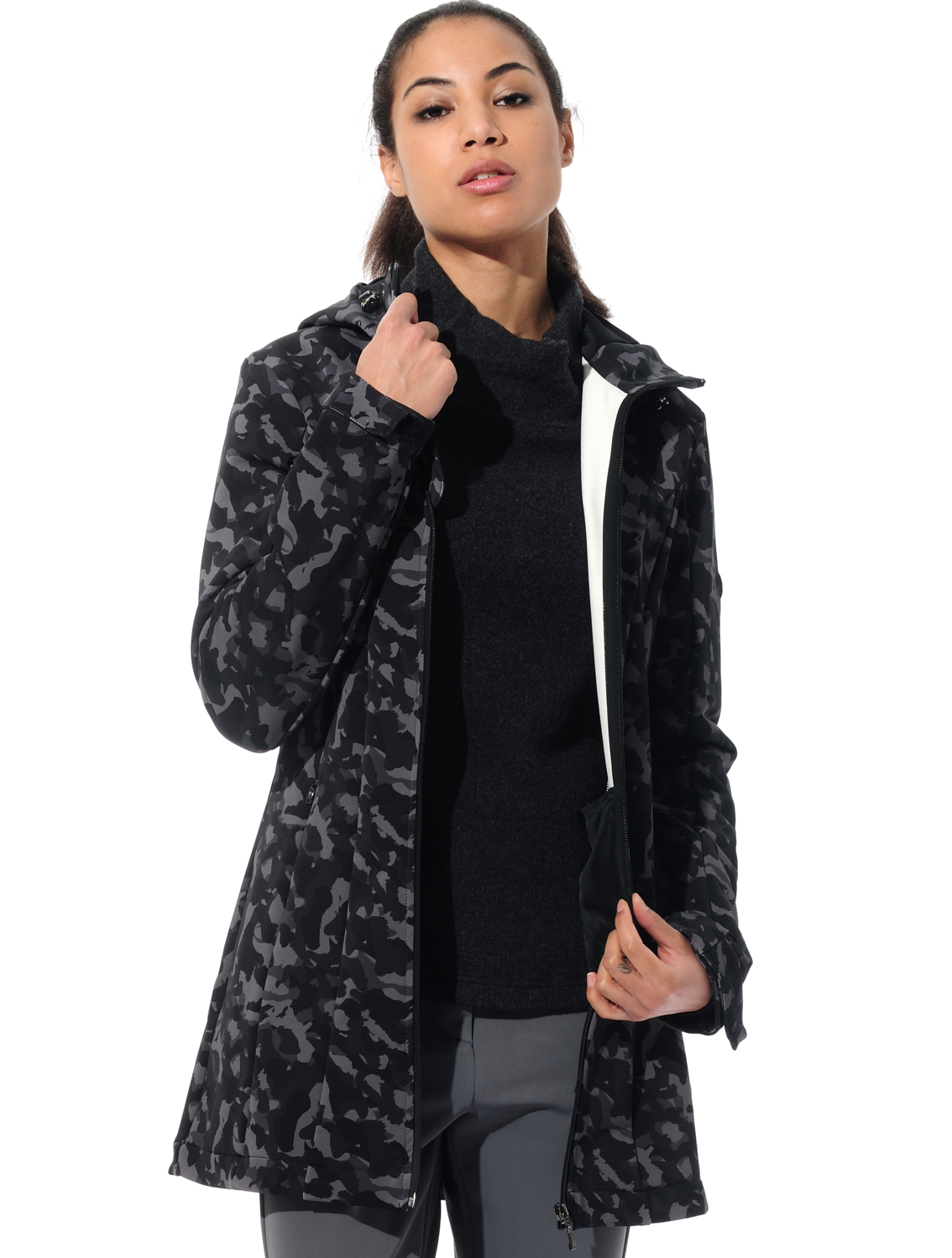 Shape Stretch Print Long Jacket camouflage black