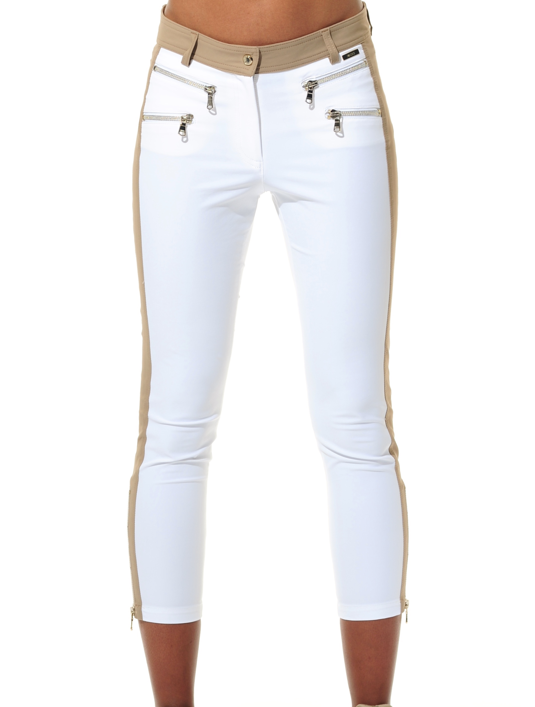 4way stretch double zip cropped pants white/chestnut 