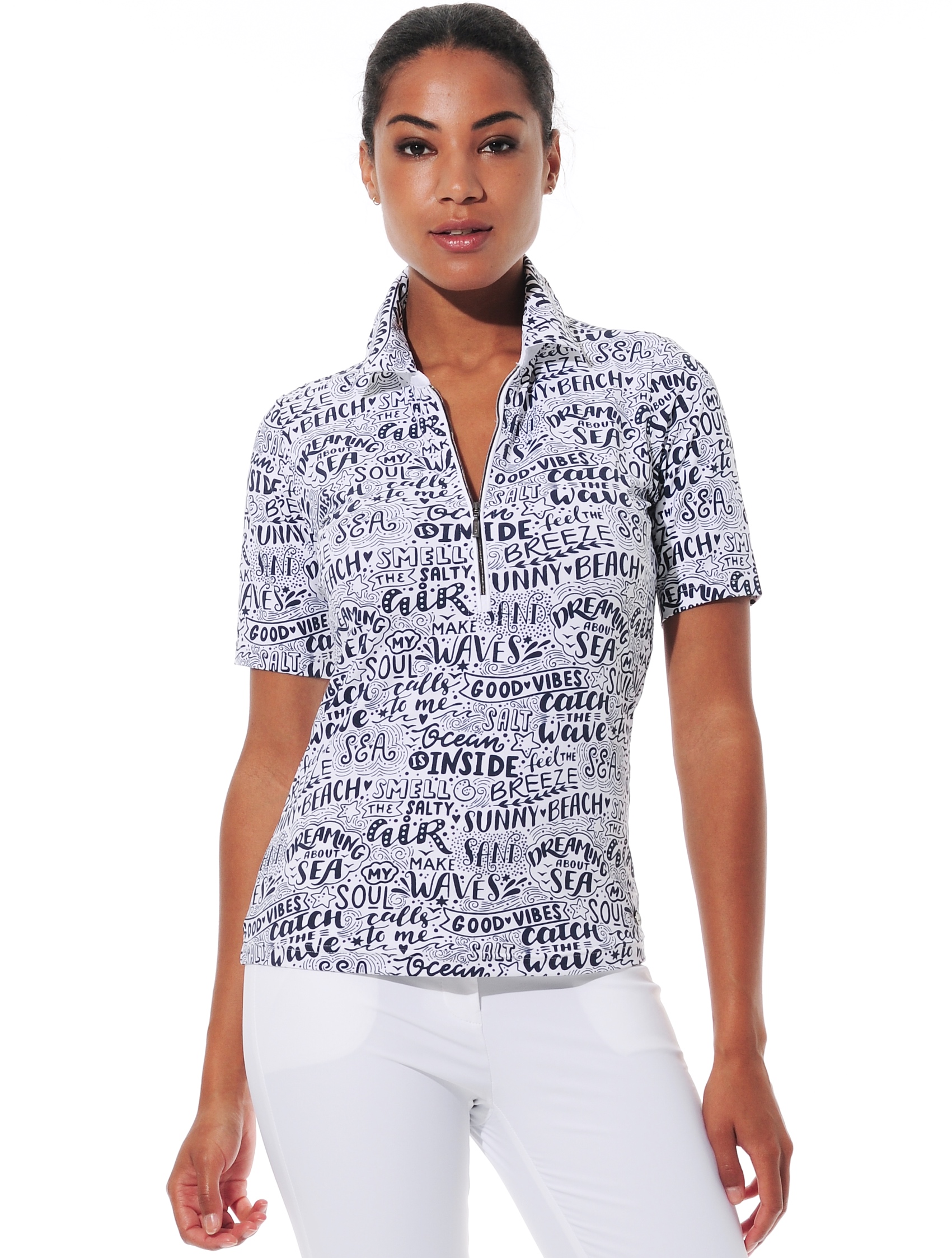 Summer print zip polo shirt navy 