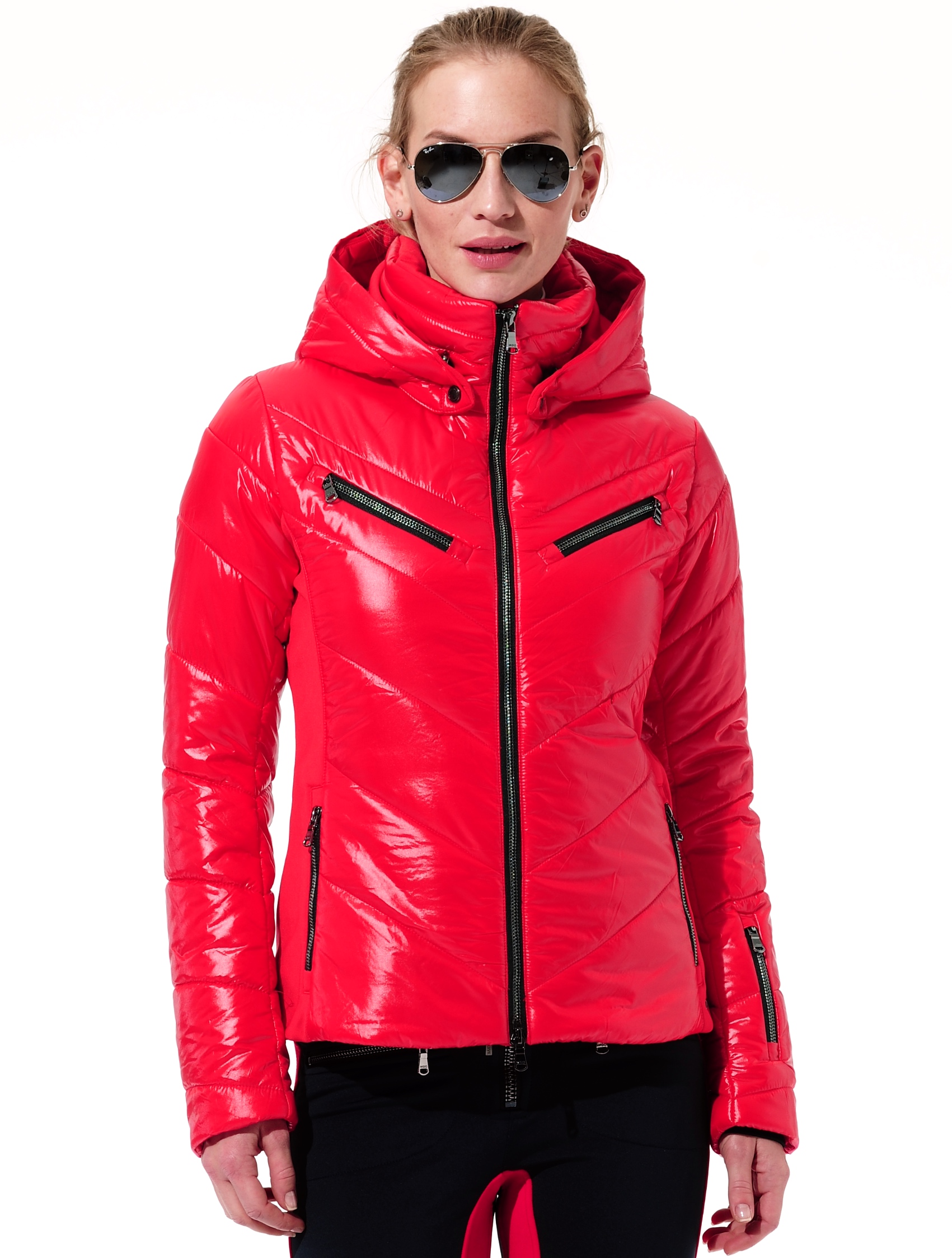 shiny ski jacket with 4way stretch side panel red 