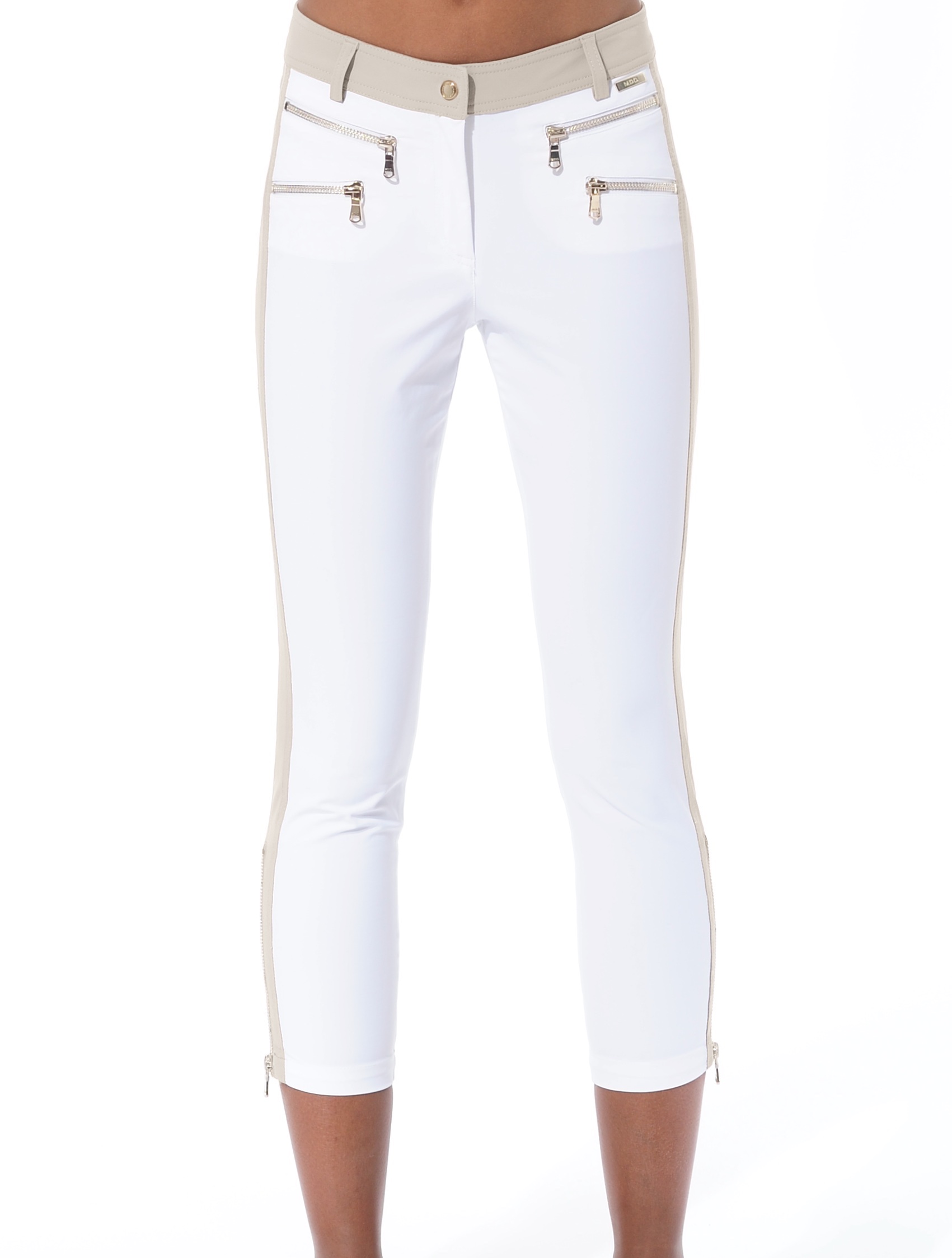 4way stretch double zip cropped pants white/light taupe 