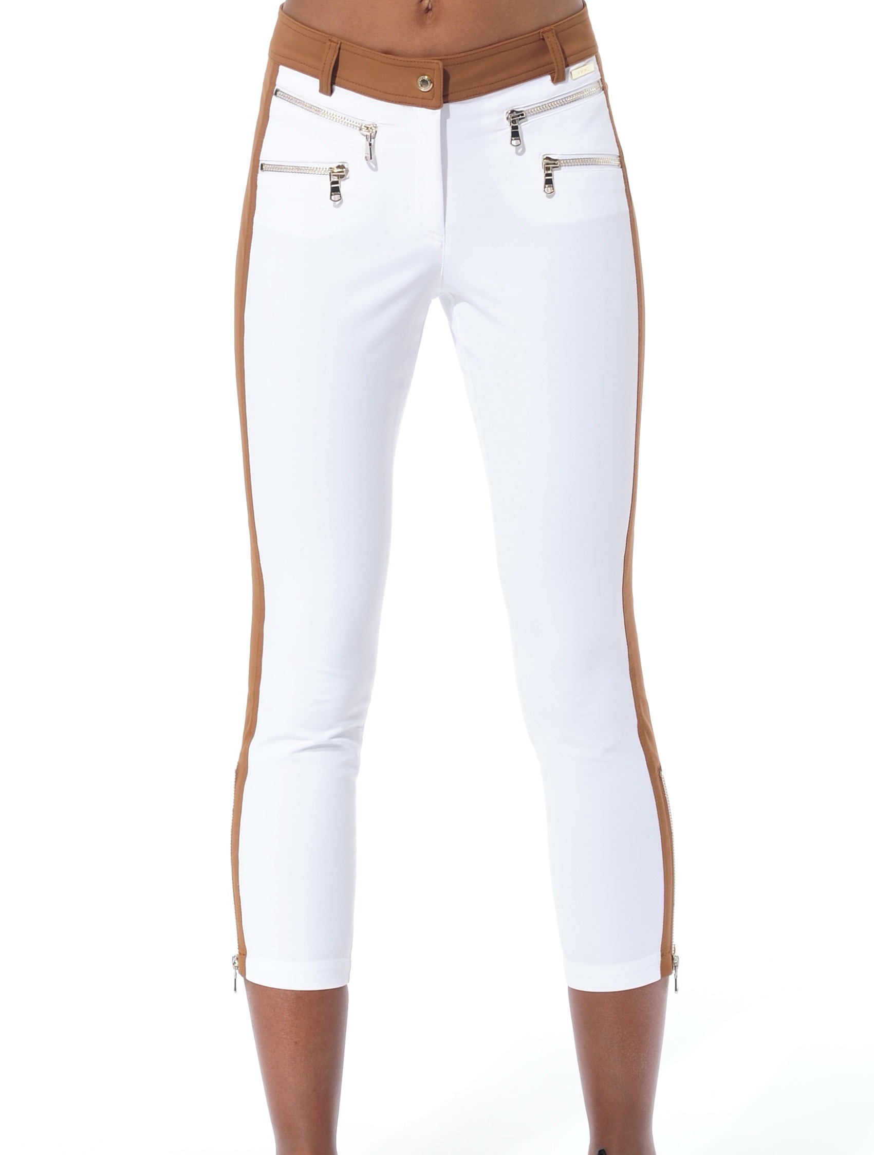 4way stretch double zip cropped pants white/ocre 