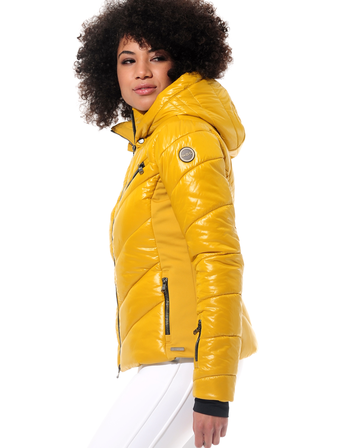 shiny ski jacket with 4way stretch side panels curry 