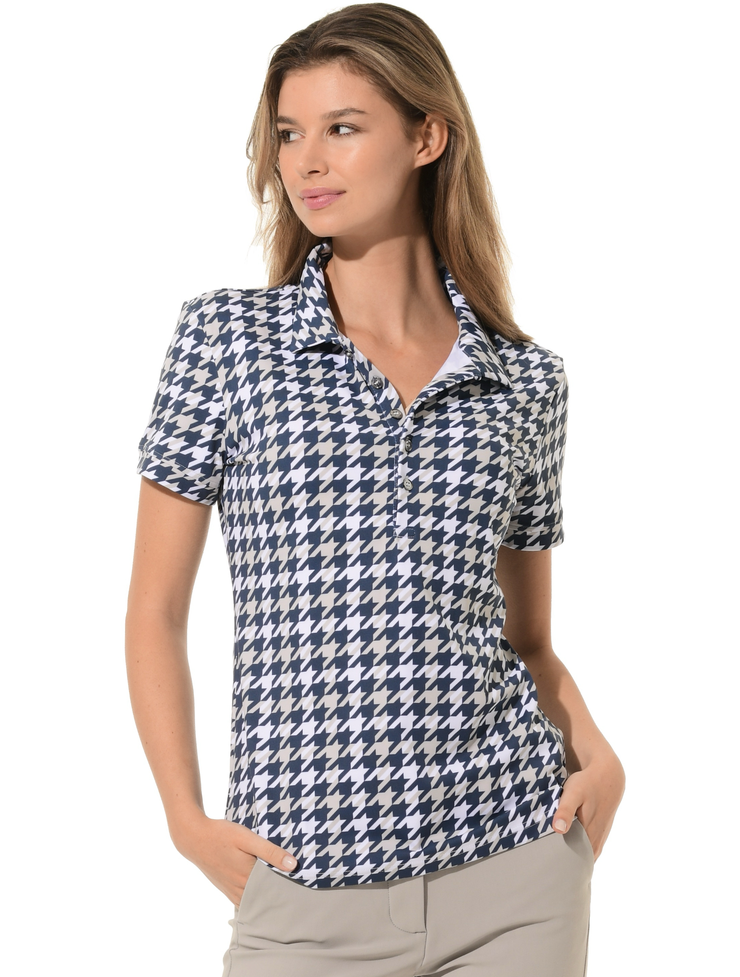 Pied-de-Poule Print Golf Poloshirt navy