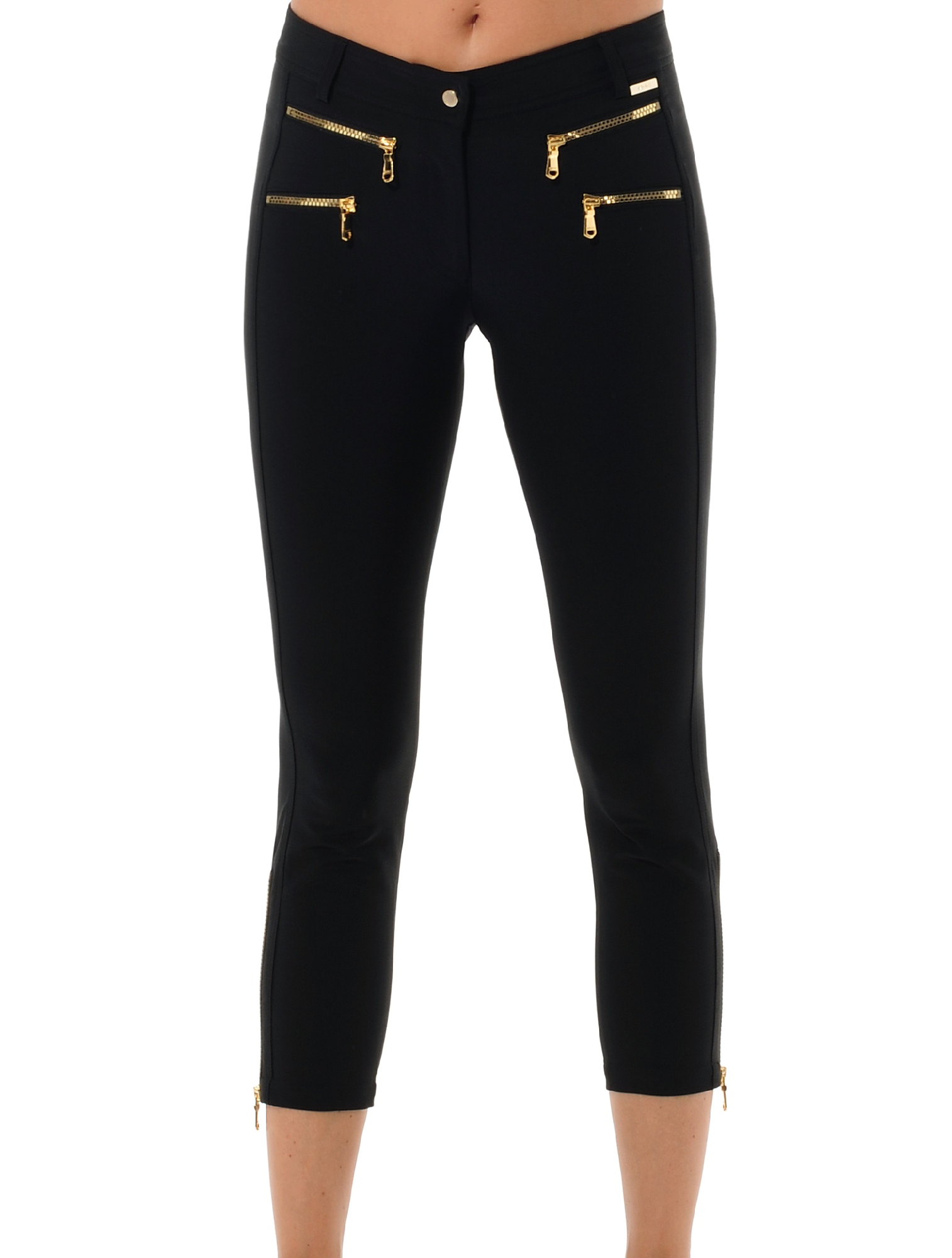 4way stretch shiny gold cube double zip cropped pants black 