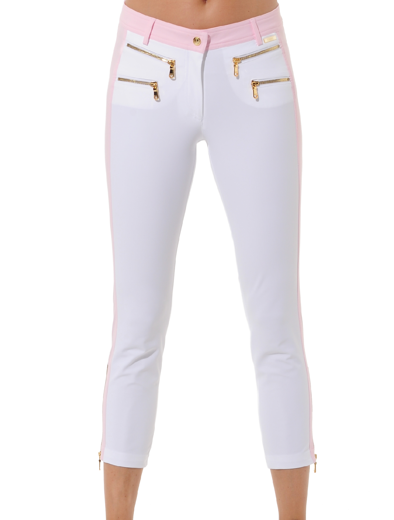 4way Stretch Shiny Gold Double Zip Cropped Pants white/macaron