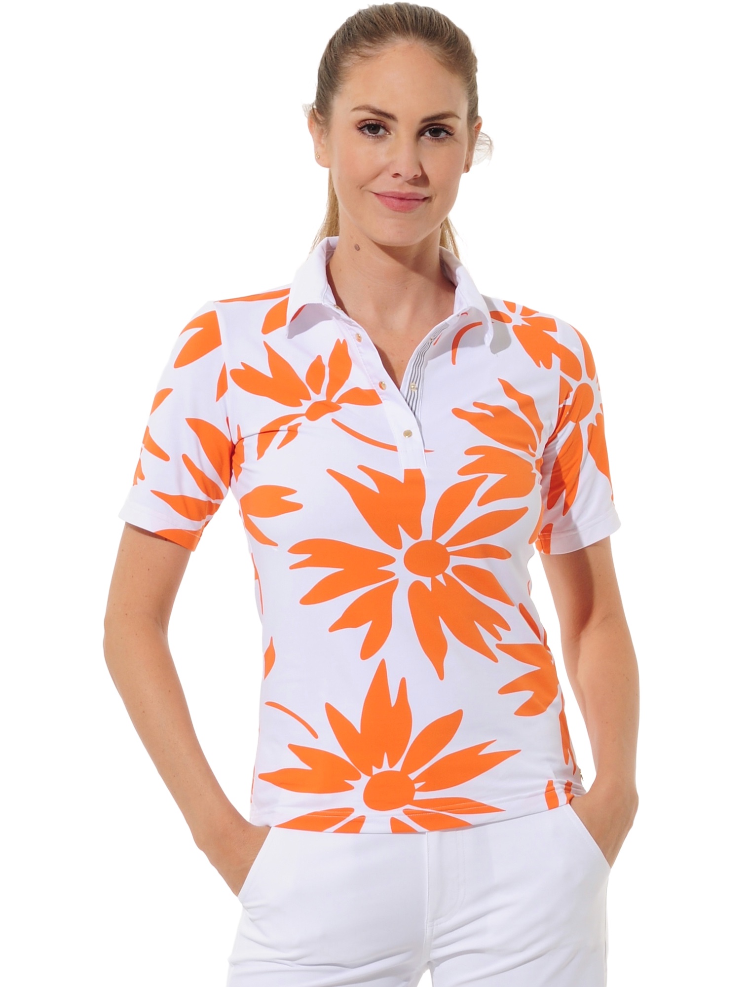 Daisies print golf polo shirt papaya