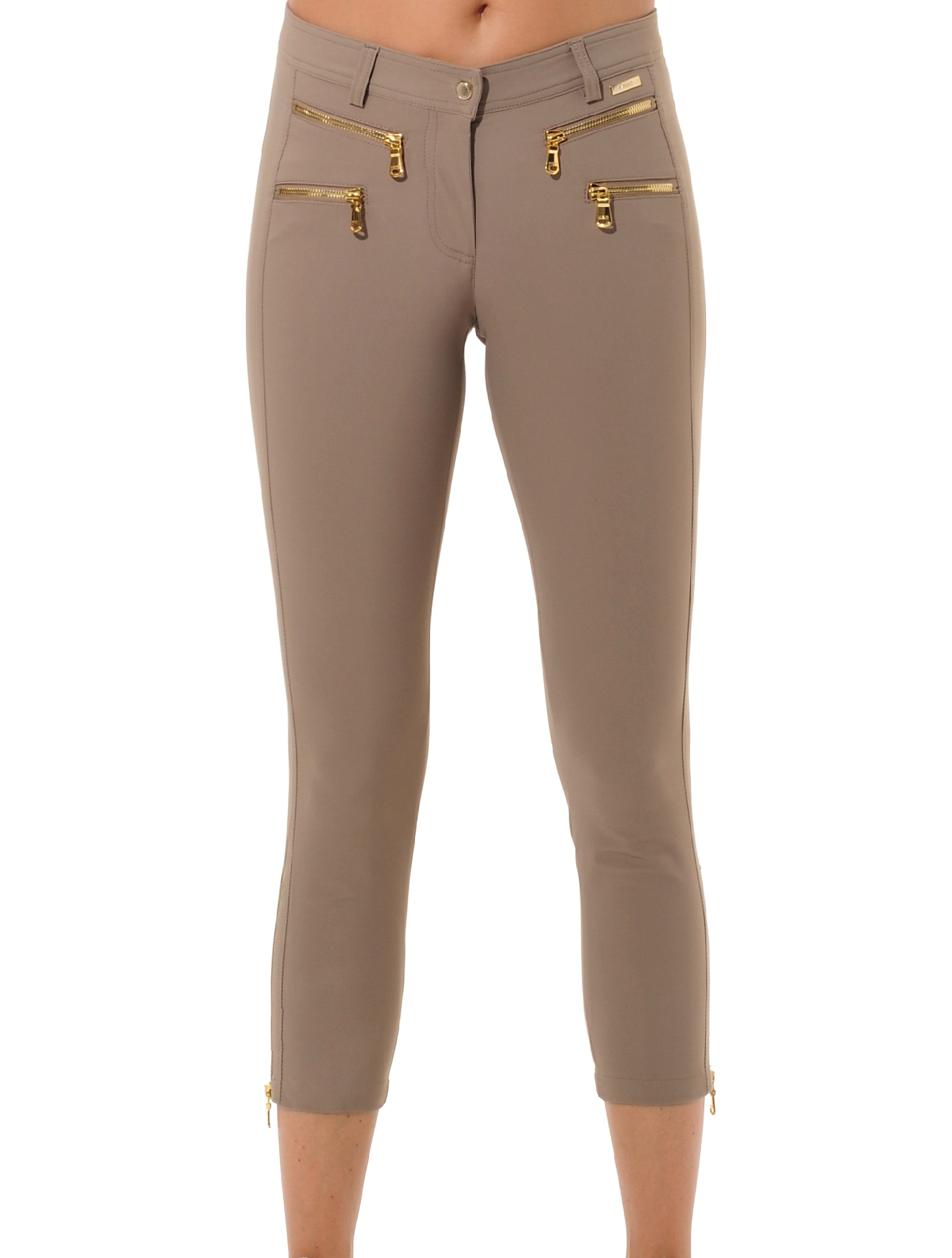 4way stretch shiny gold double zip cropped pants toffee 