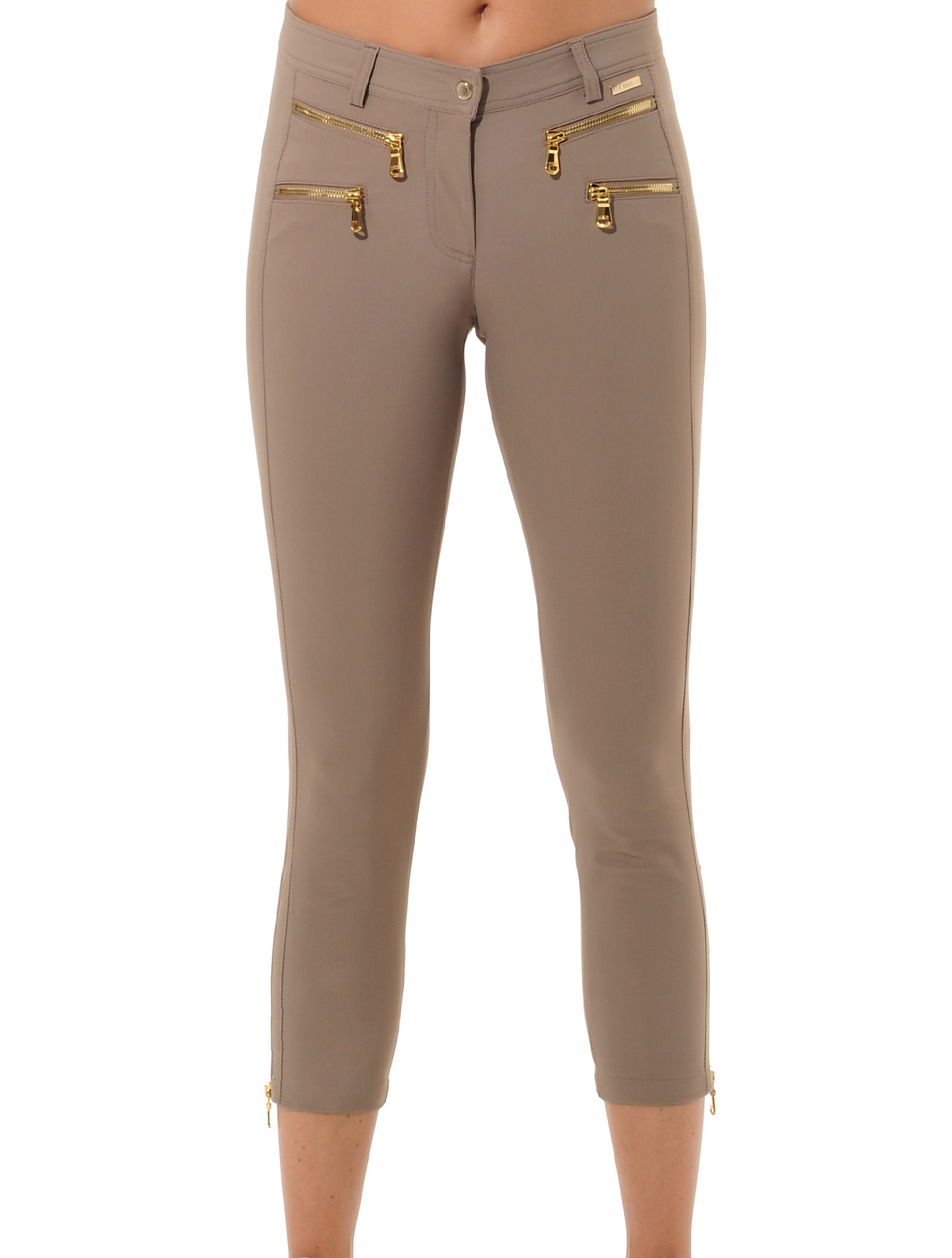 4way Stretch Shiny Gold Double Zip Cropped Pants toffee