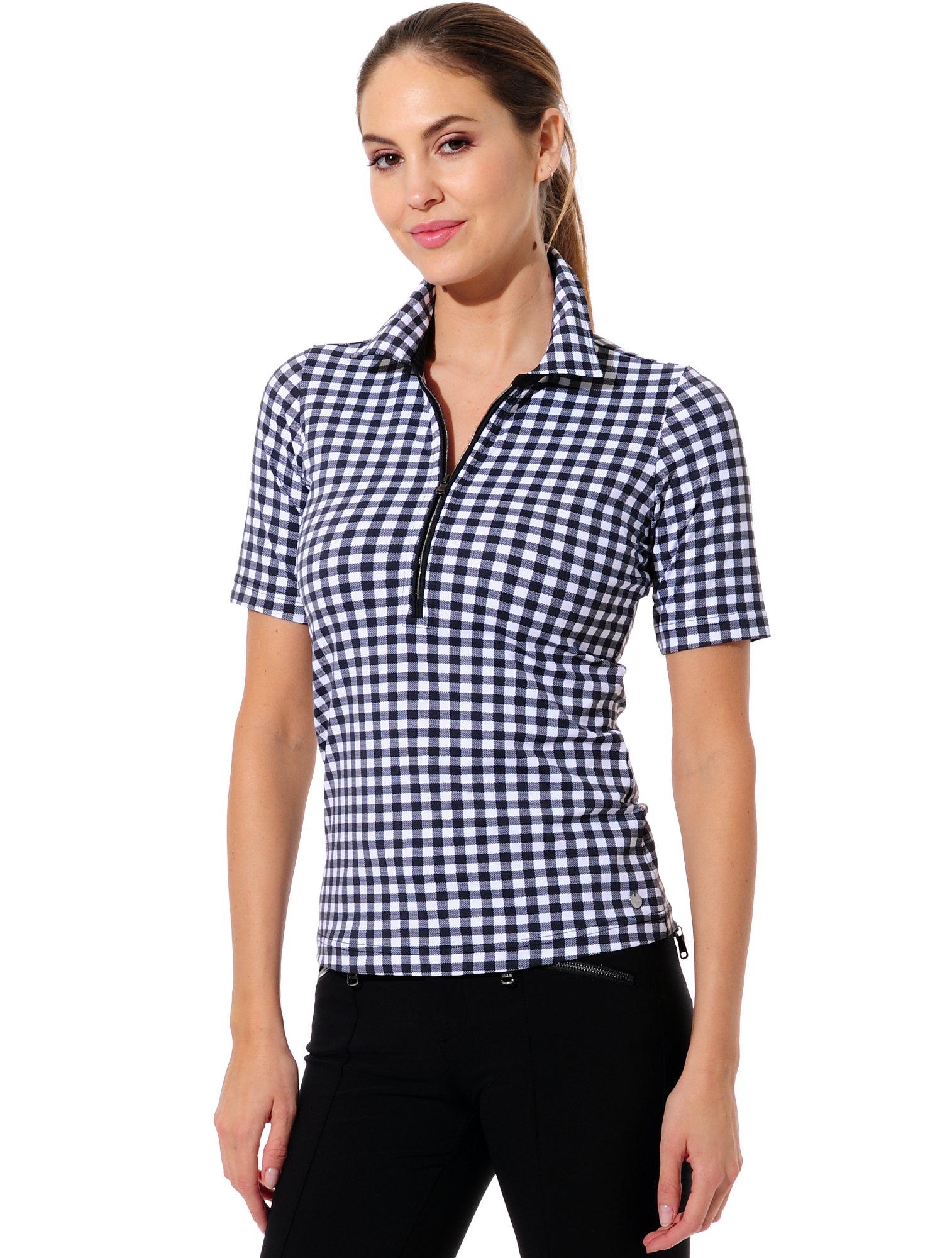 Squares print zip golf polo shirt black/white 