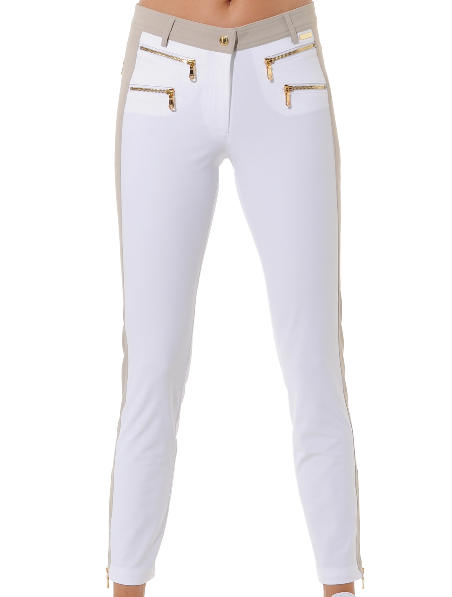 4way stretch shiny gold double zip ankle pants white/light taupe