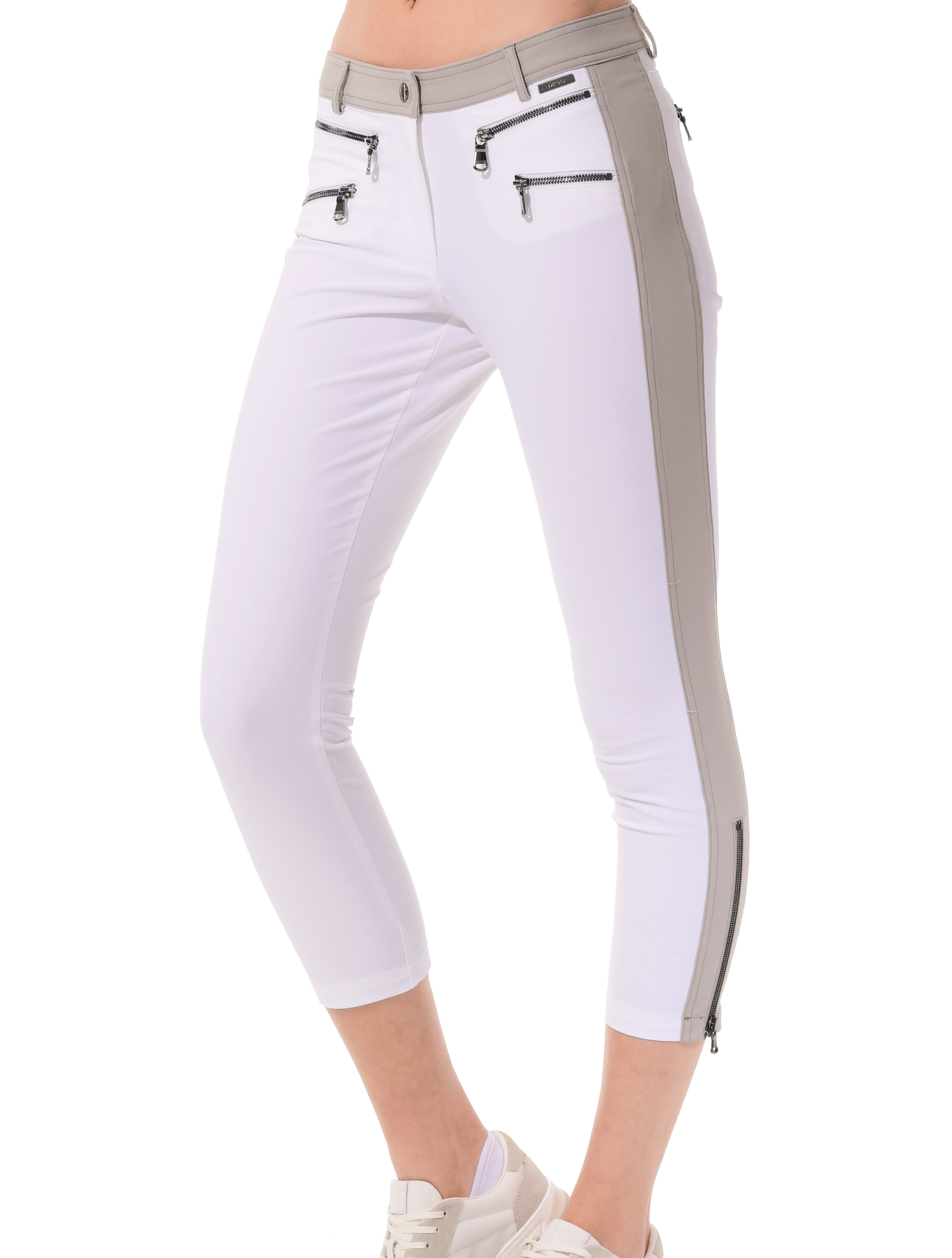 4way stretch double zip cropped pants white/sage grey 