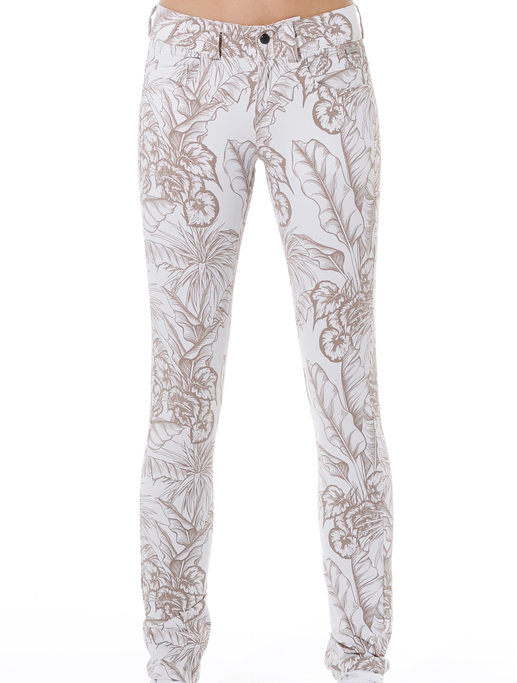 Tropical Leaves print skinny 5pockets taupe 