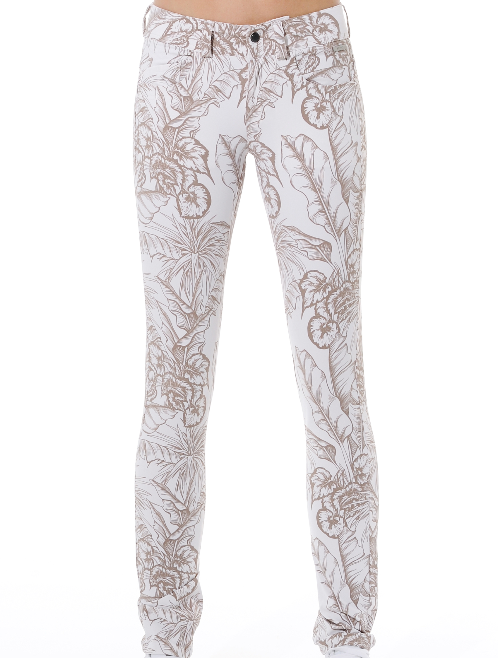 Tropical Leaves Print Skinny 5pockets taupe