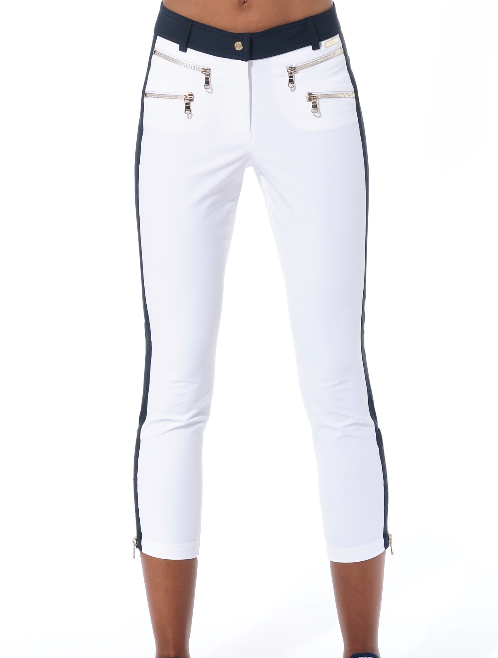 4way stretch double zip cropped pants white/night blue 