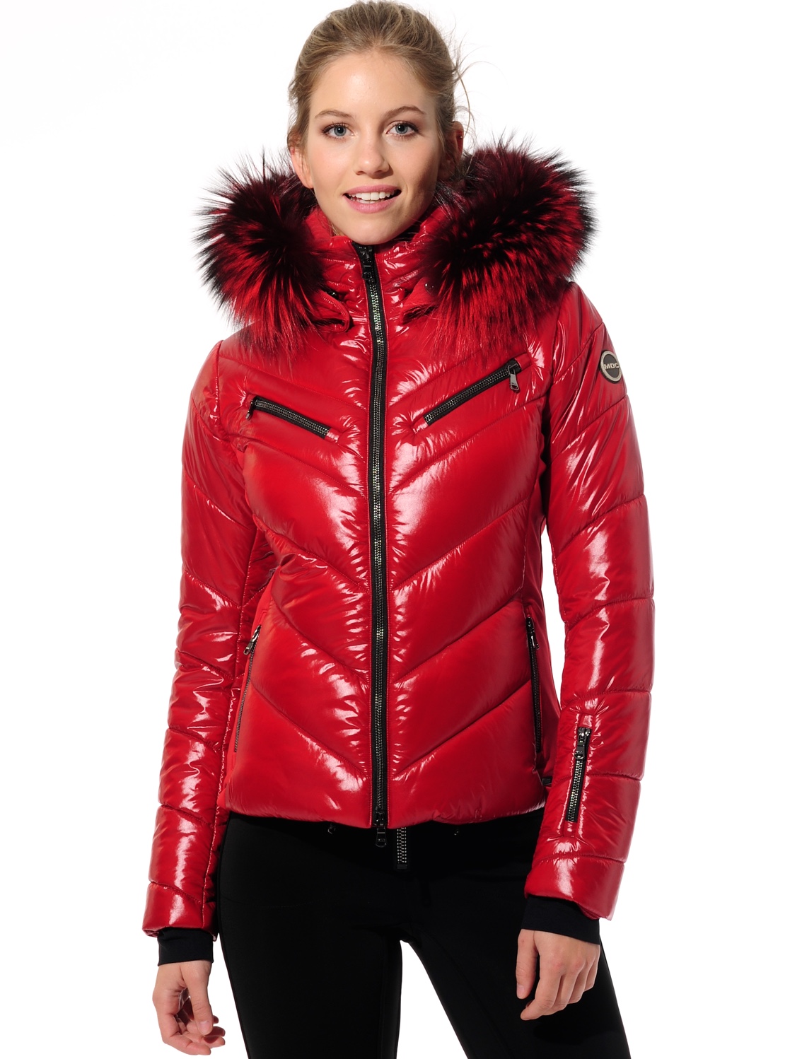 shiny ski jacket with 4way stretch side panels ruby 