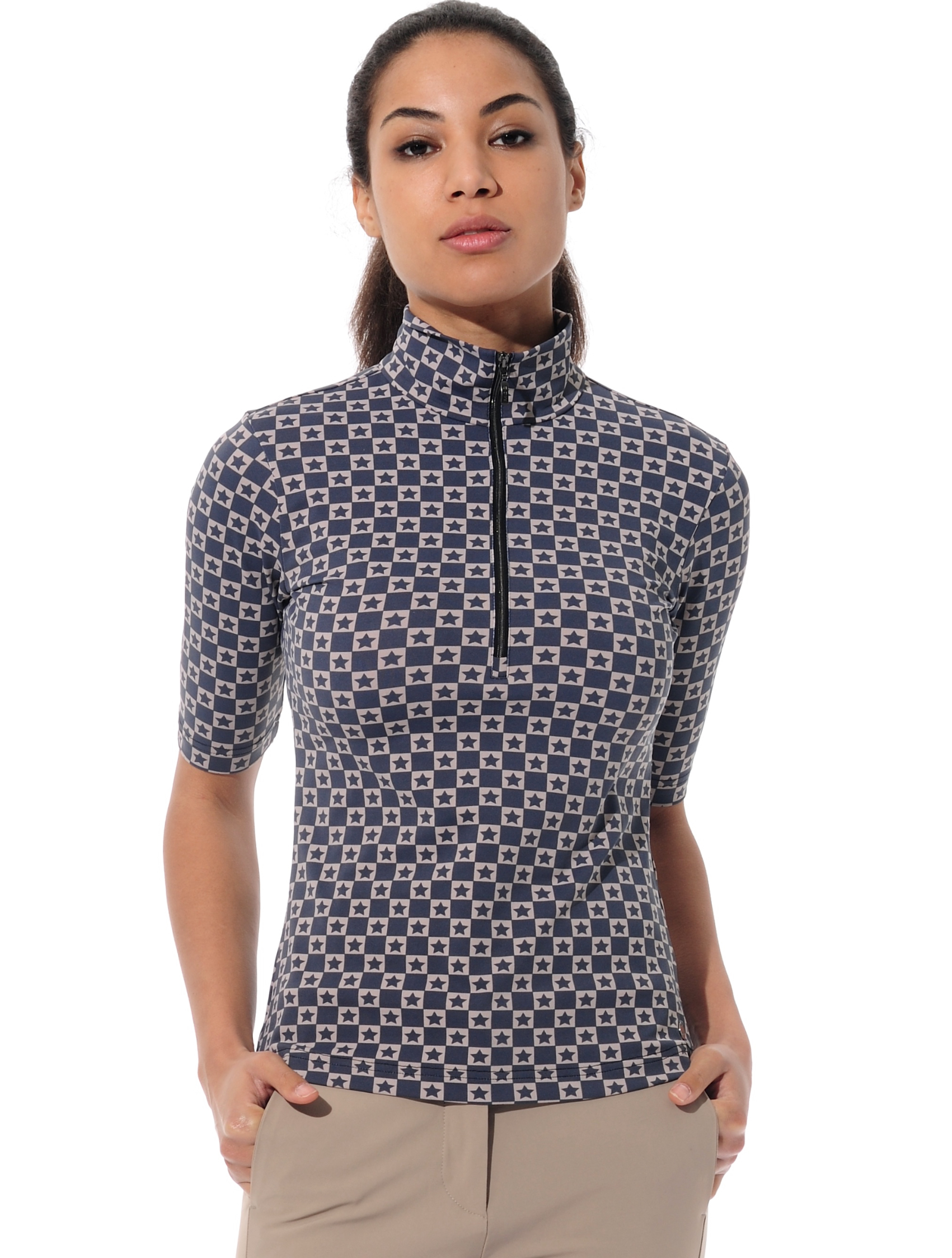 Chessboard print polo shirt taupe/black 