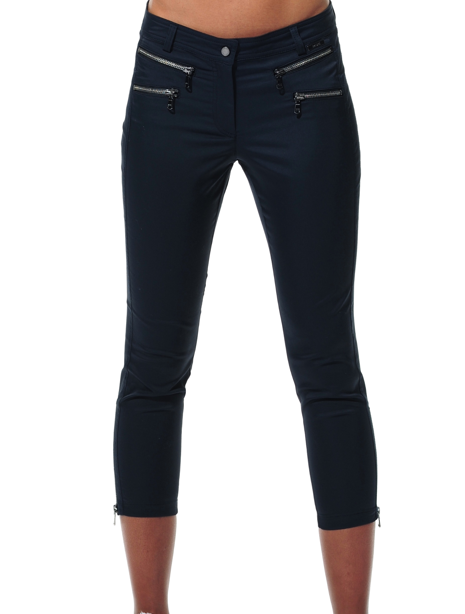 shiny stretch double zip cropped pants night blue