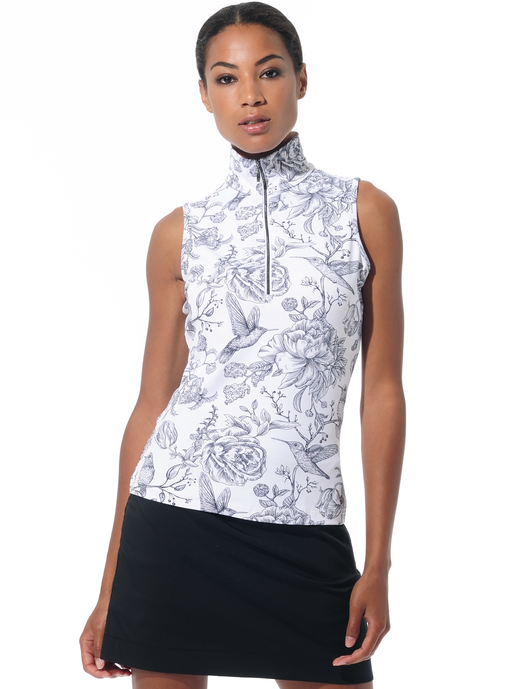 Flower Bird print zip polo shirt black/white 