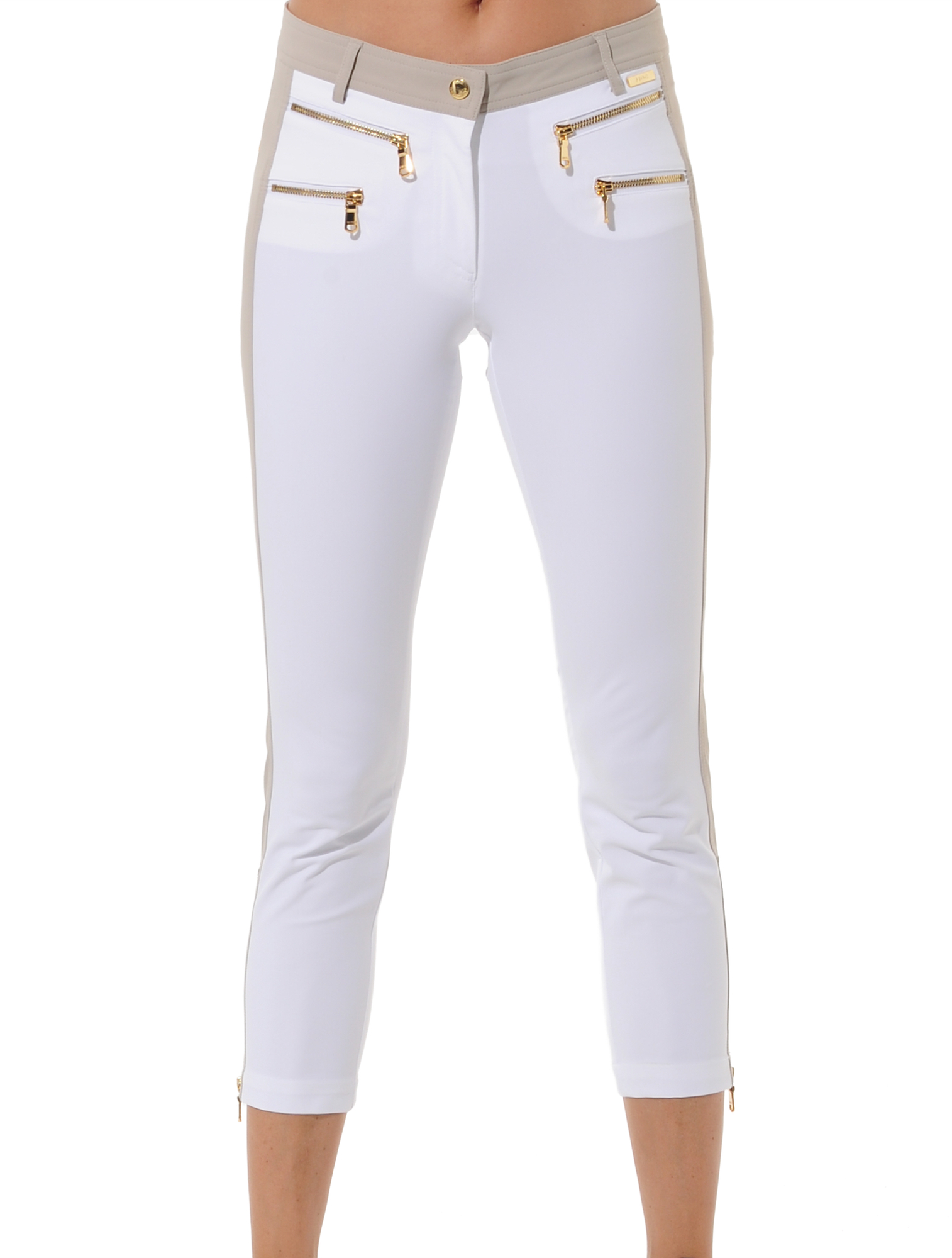 4way Stretch Shiny Gold Double Zip Cropped Pants white/light taupe