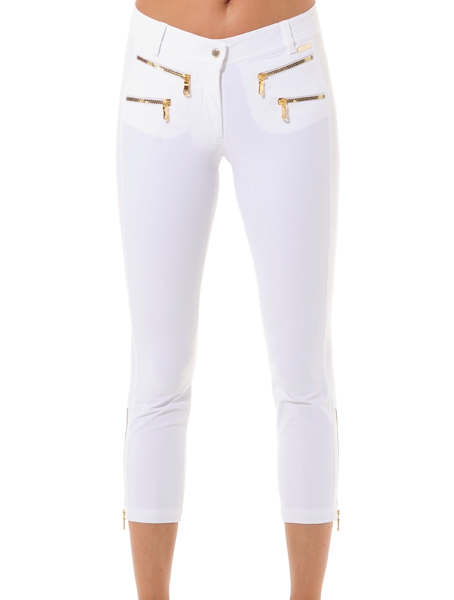 4way stretch shiny gold cube double zip cropped pants white 