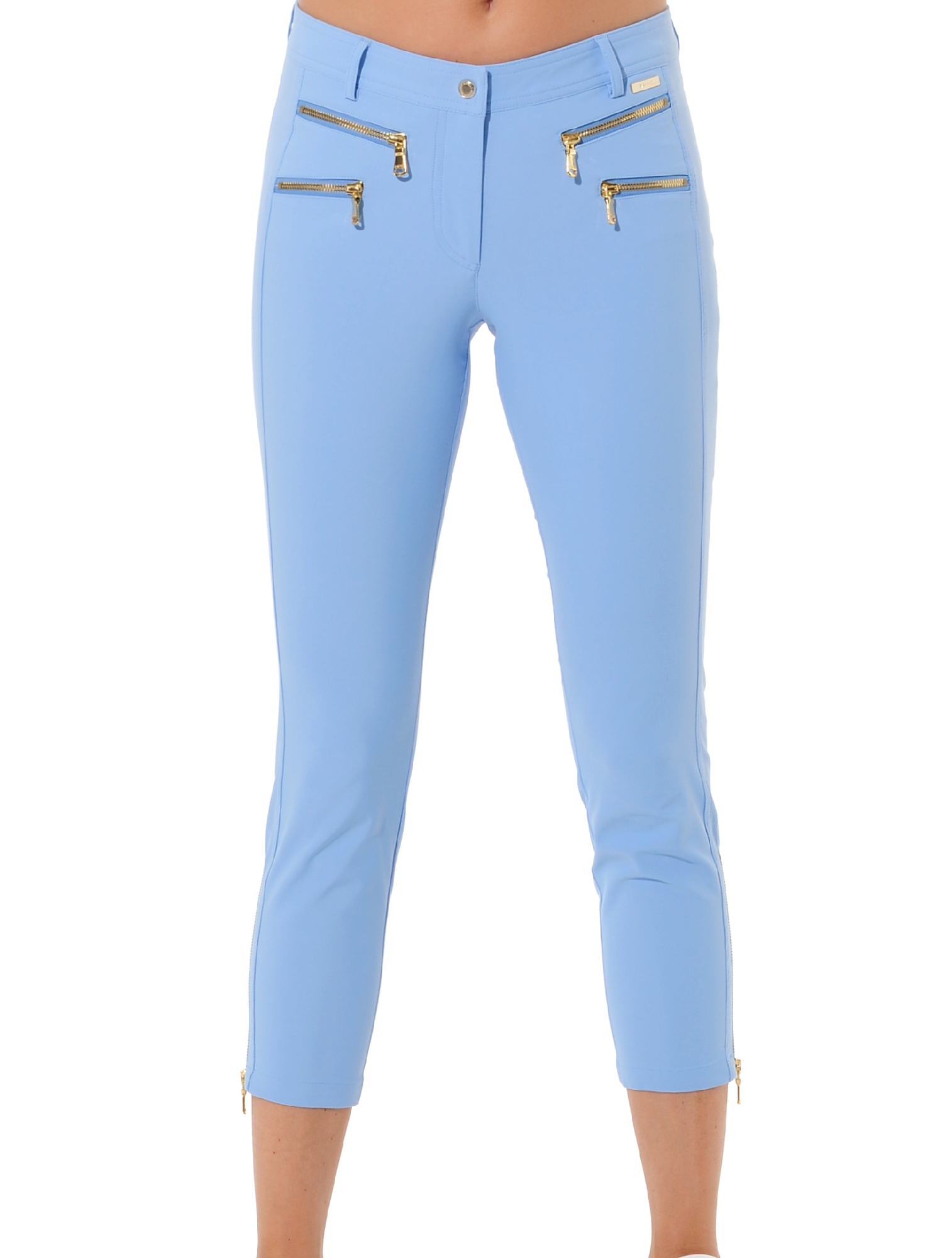 4way stretch shiny gold double zip cropped pants baby blue 