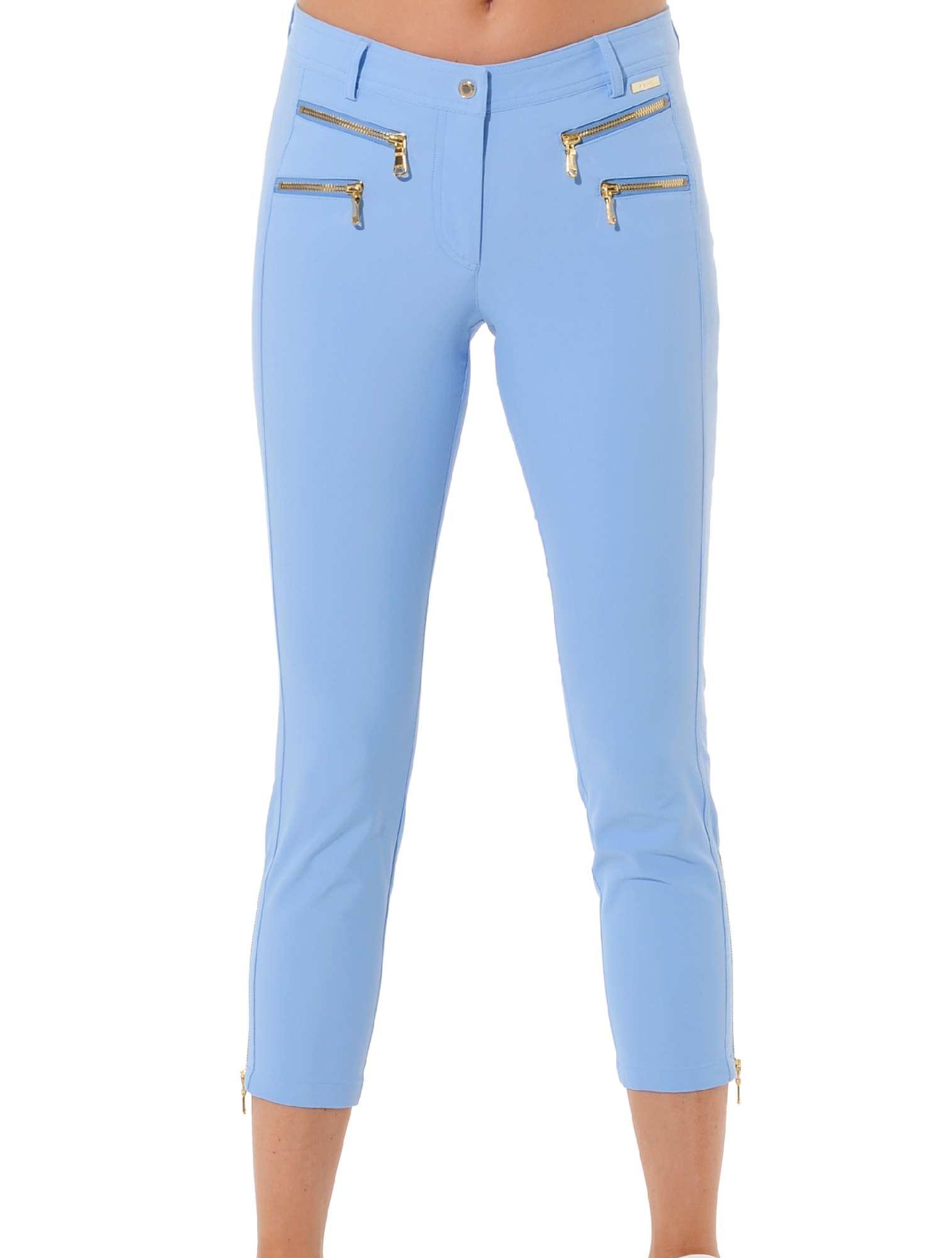 4way Stretch Shiny Gold Double Zip Cropped Pants baby blue