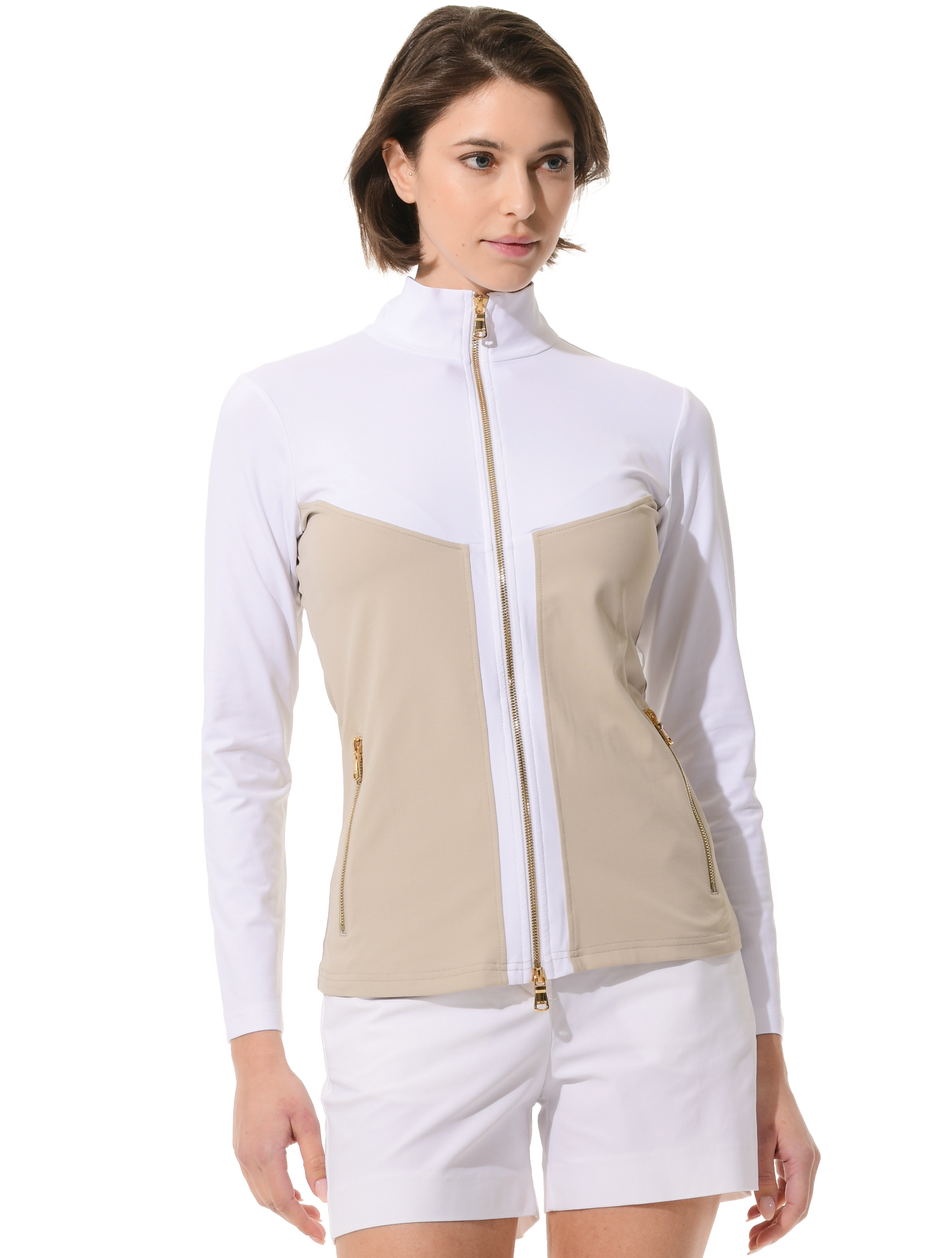 Jersey full zip midlayer light taupe/white