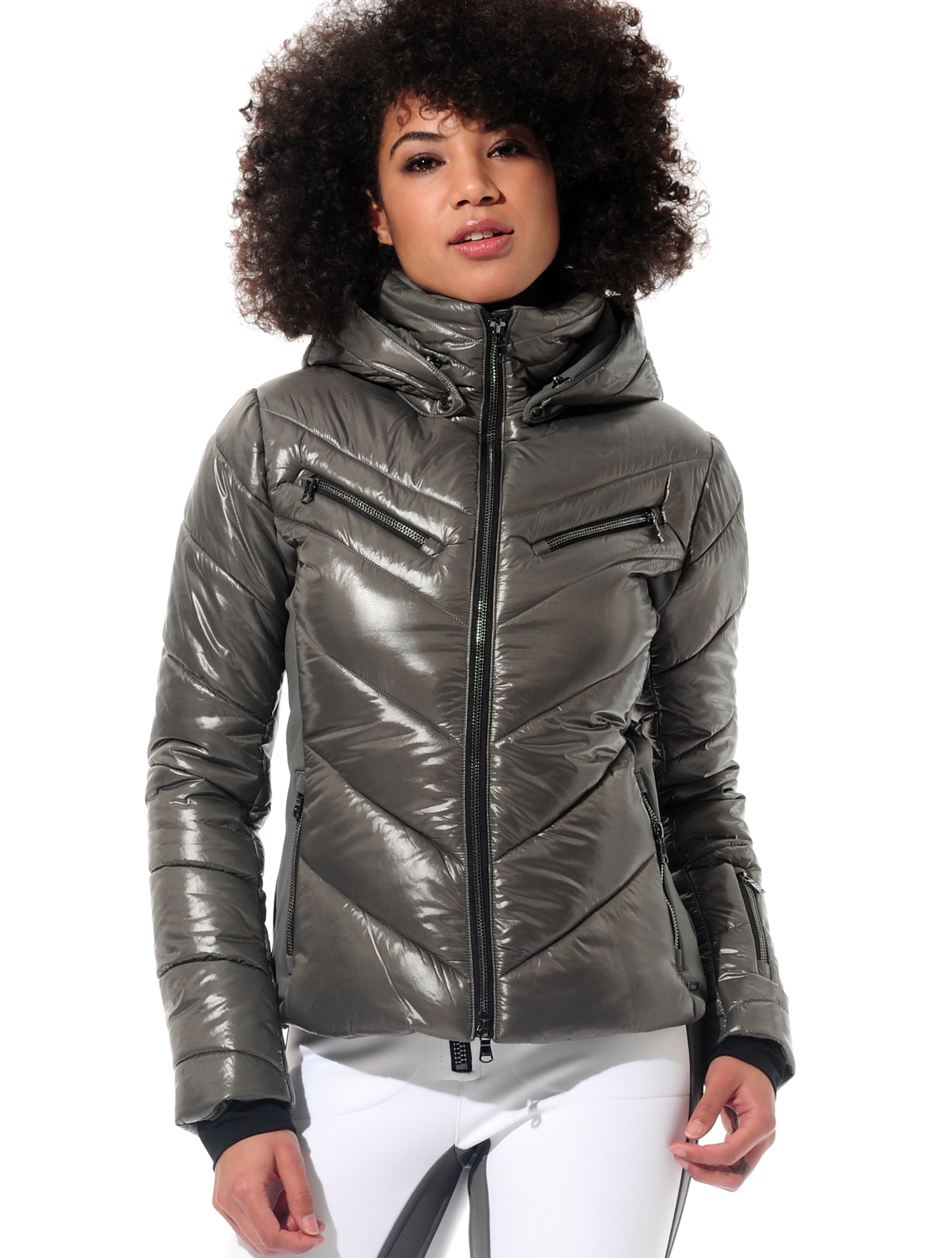shiny ski jacket with 4way stretch side panels steel 