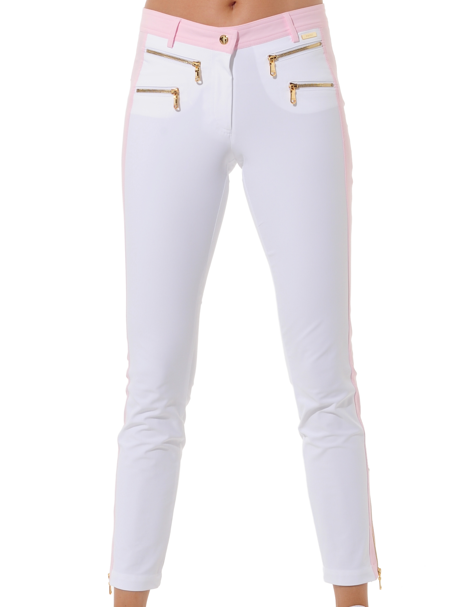 4way stretch shiny gold double zip ankle pants white/macaron