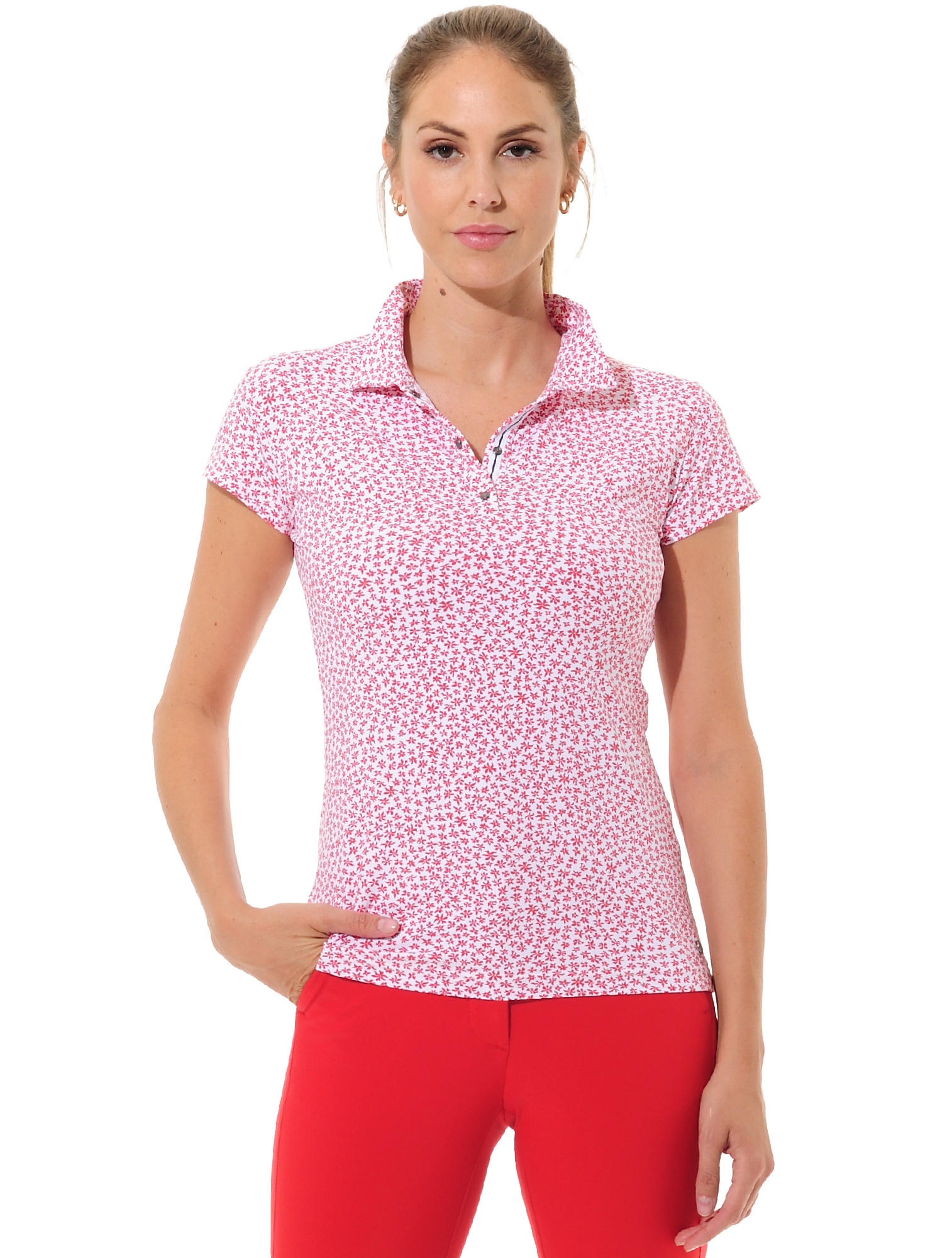 Floral print golf polo shirt red 