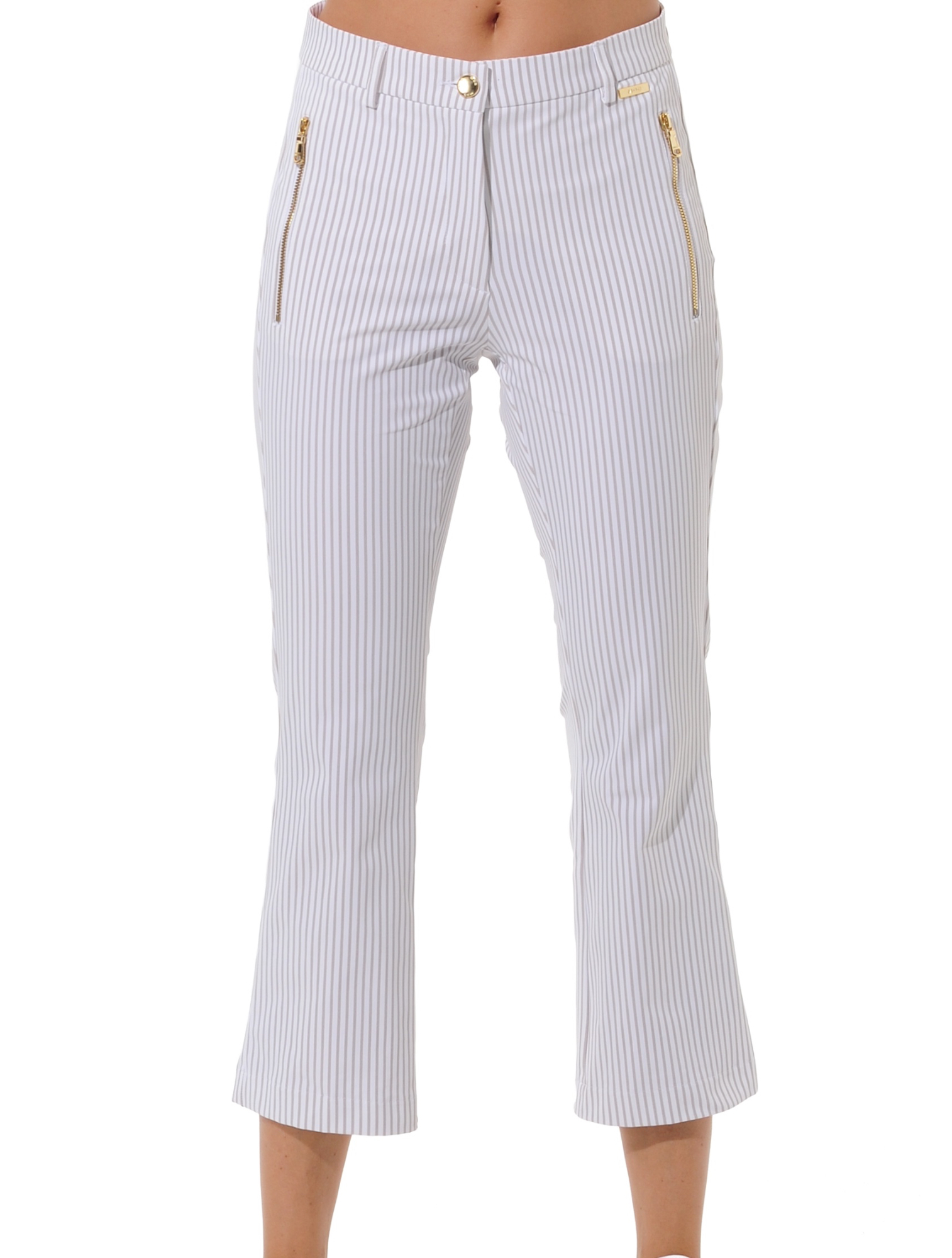 Pinstripes print boot cut cropped chinos light taupe