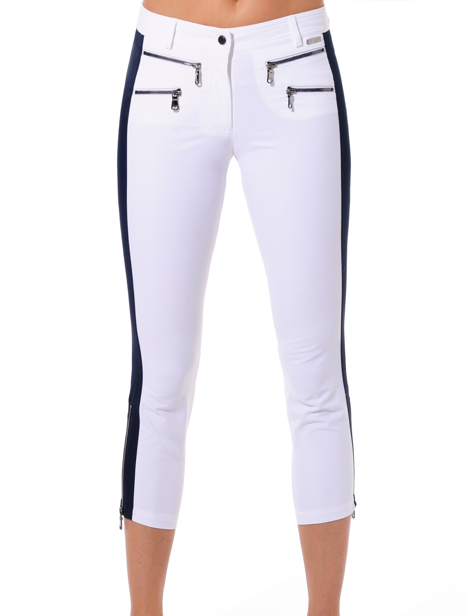 4way stretch double zip cropped pants white/navy 