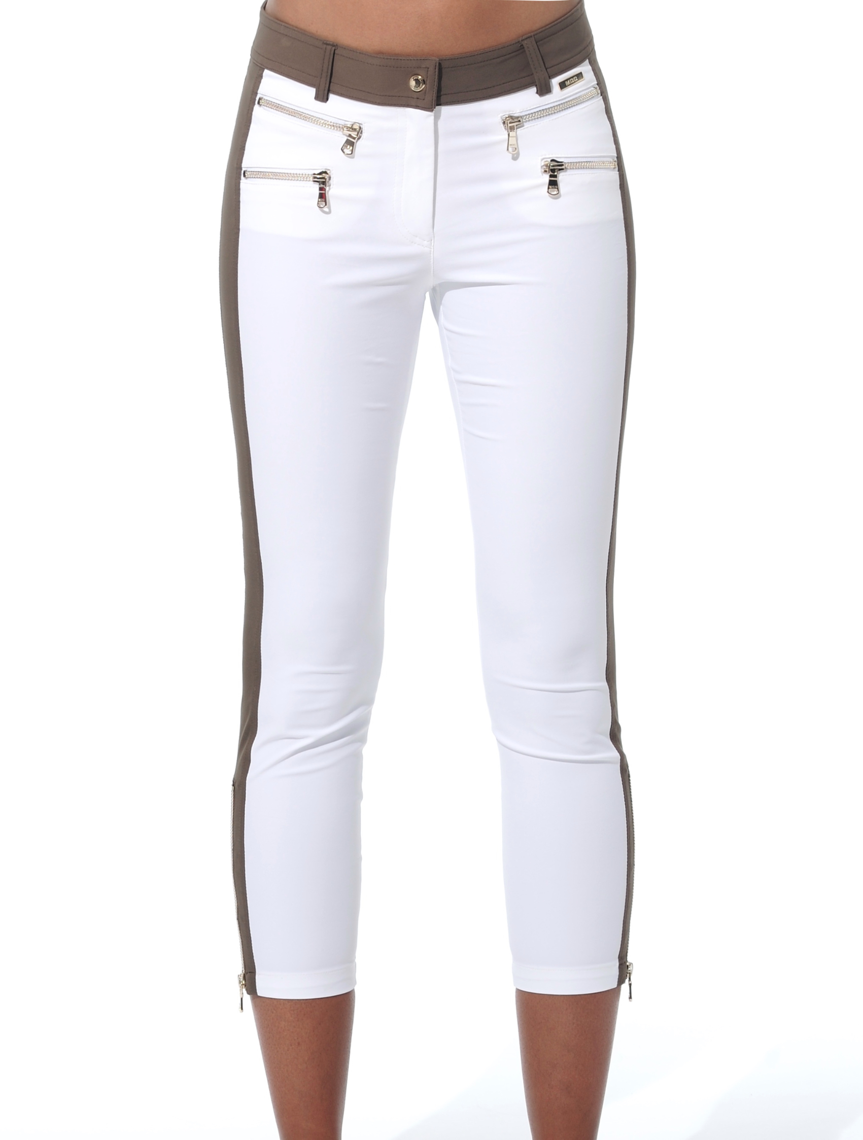 4way stretch double zip cropped pants white/chocolate 