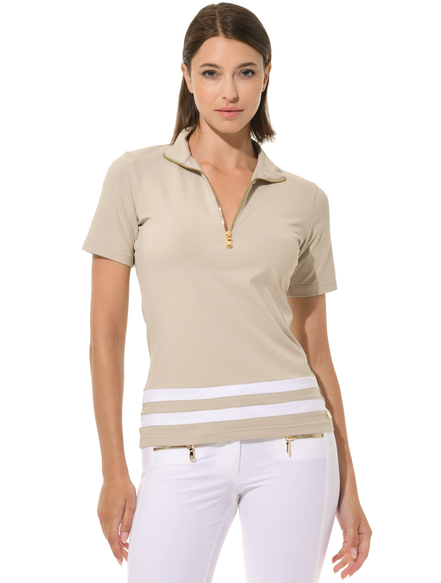 Jersey Zip Polo Shirt light taupe/white
