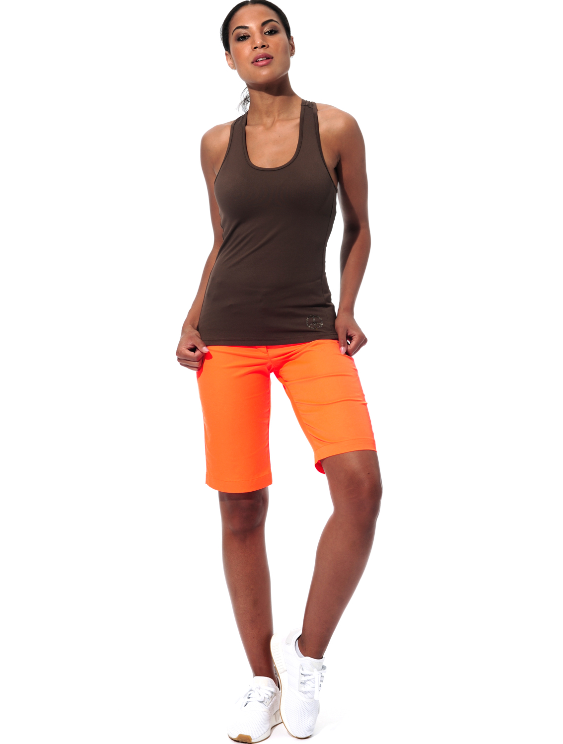 shiny stretch bermuda shorts neon orange 