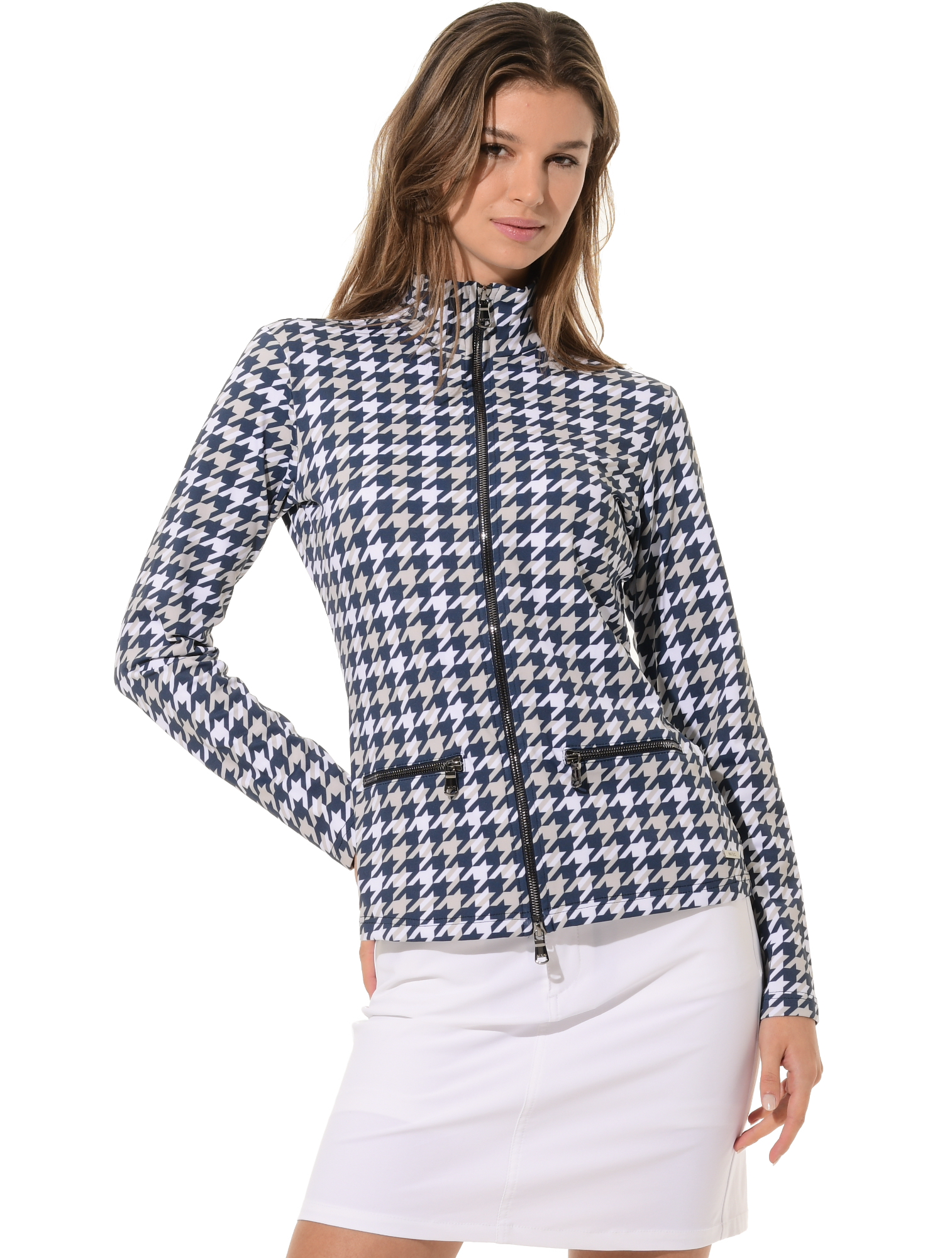Pied-de-Poule Print Full Zip Midlayer navy