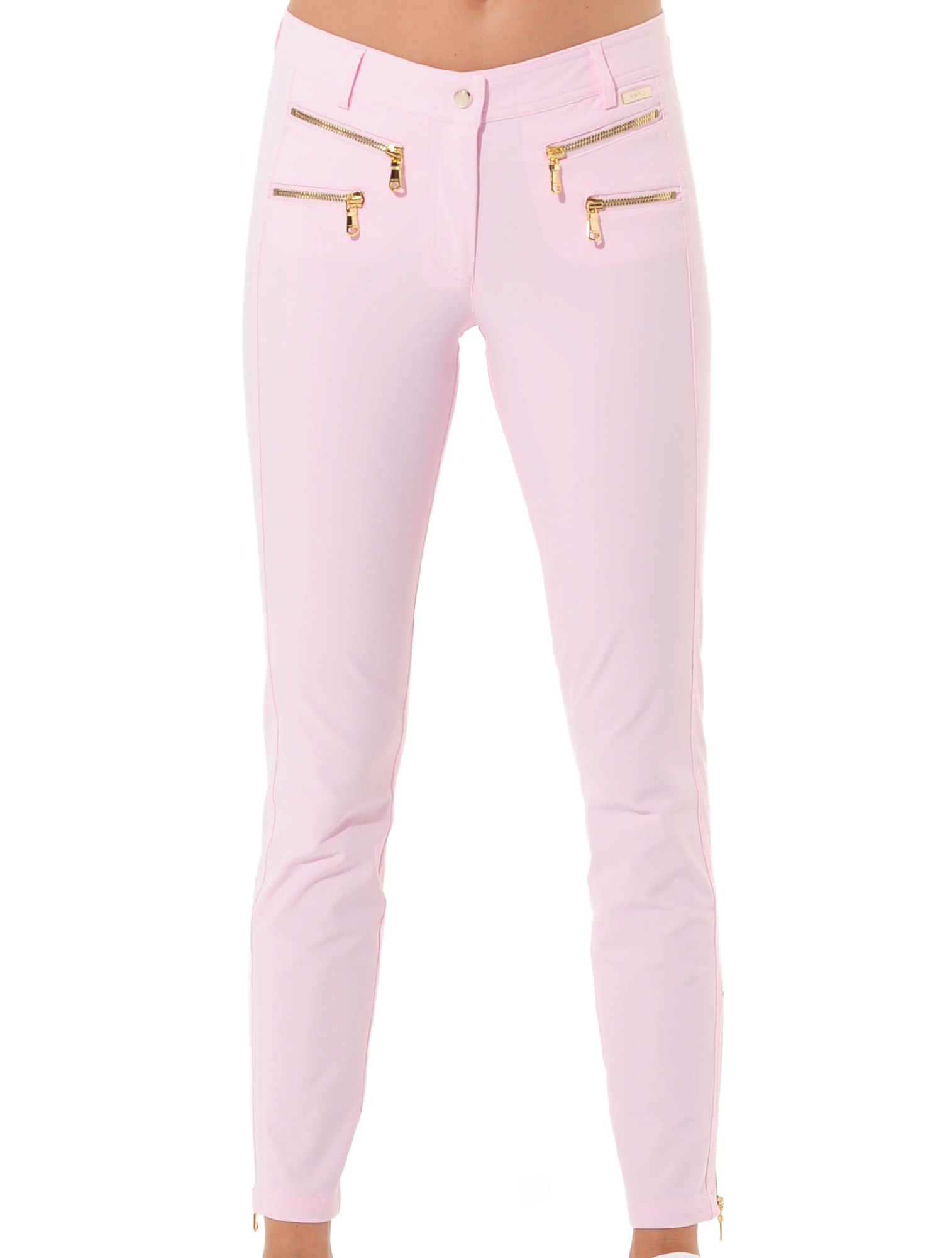 4way stretch shiny gold double zip ankle pants macaron 