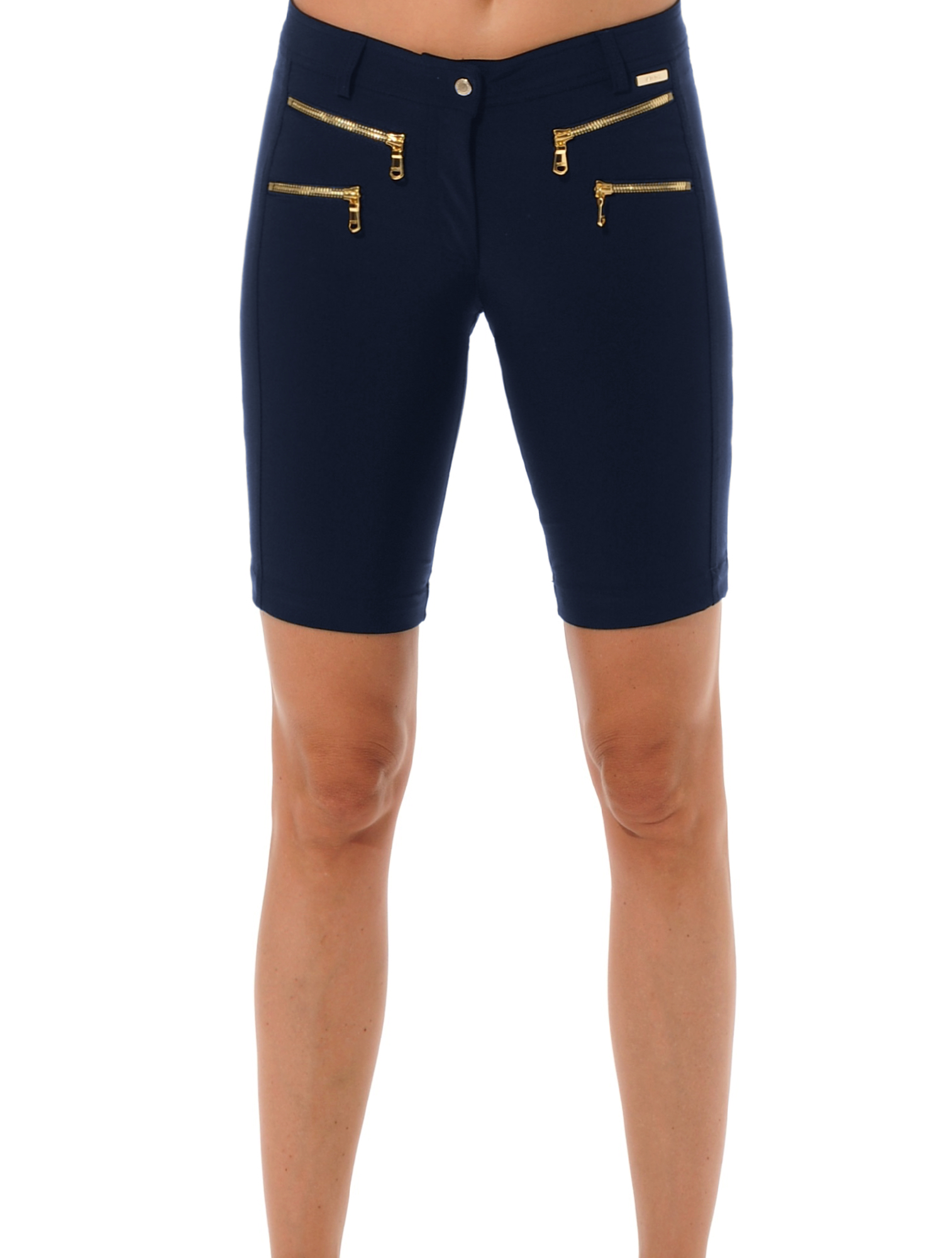 4way stretch shiny gold double zip shorts navy 