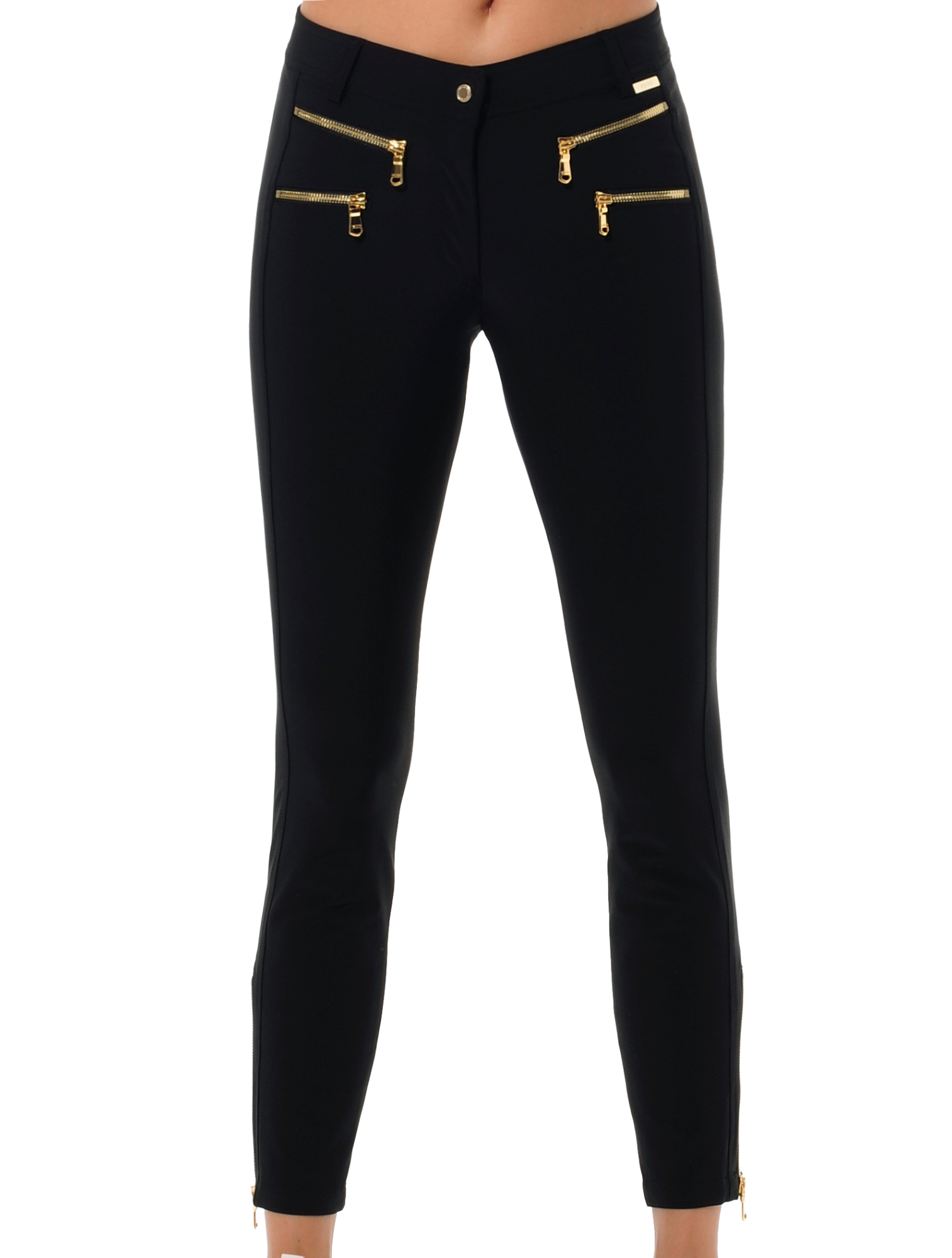 4way stretch shiny gold double zip ankle pants black 