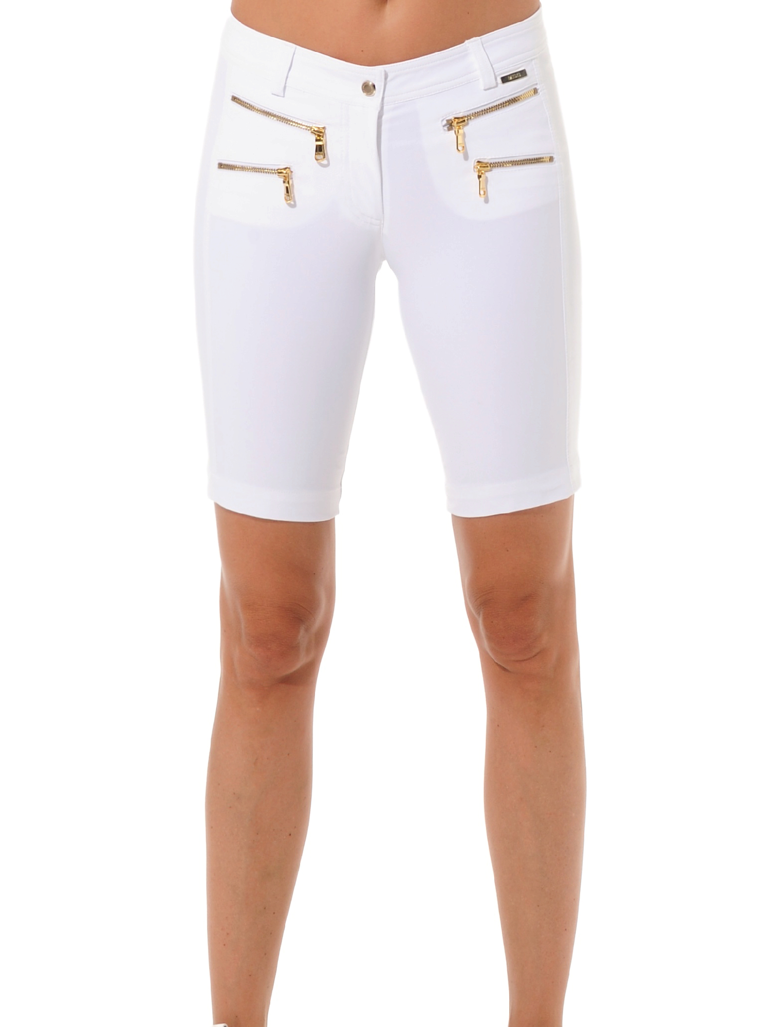 4way stretch shiny gold double zip shorts white 
