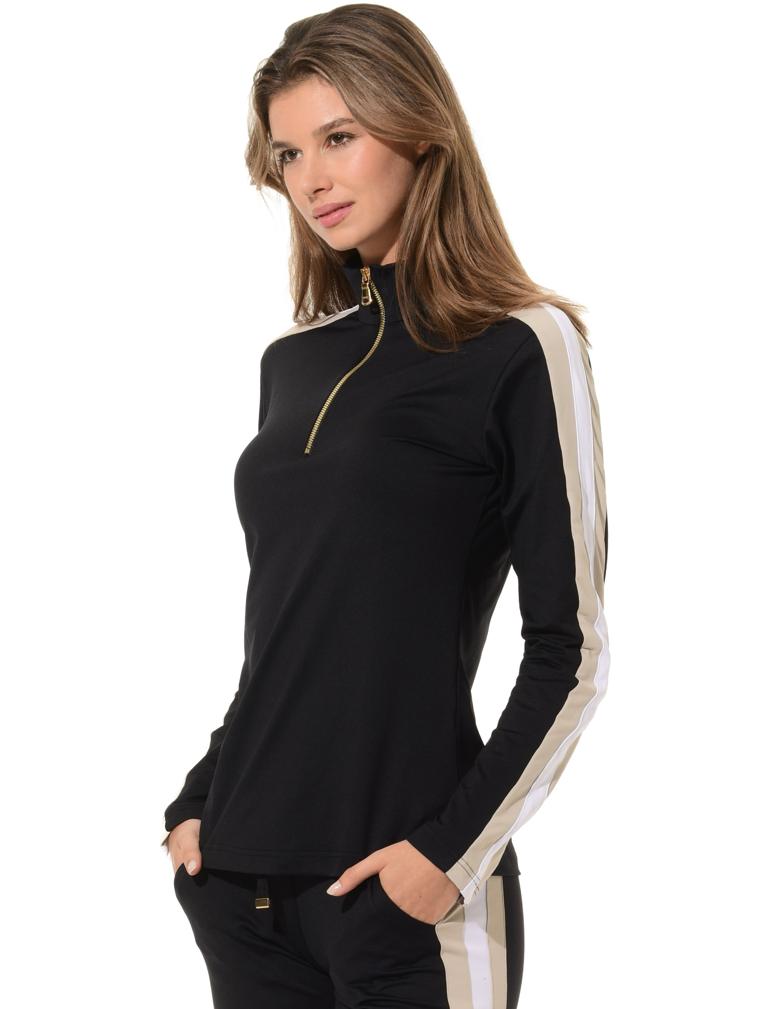 Jersey zip longsleeve black/light taupe/white