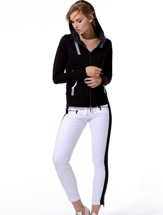 shiny stretch double zip ankle pants white/black 