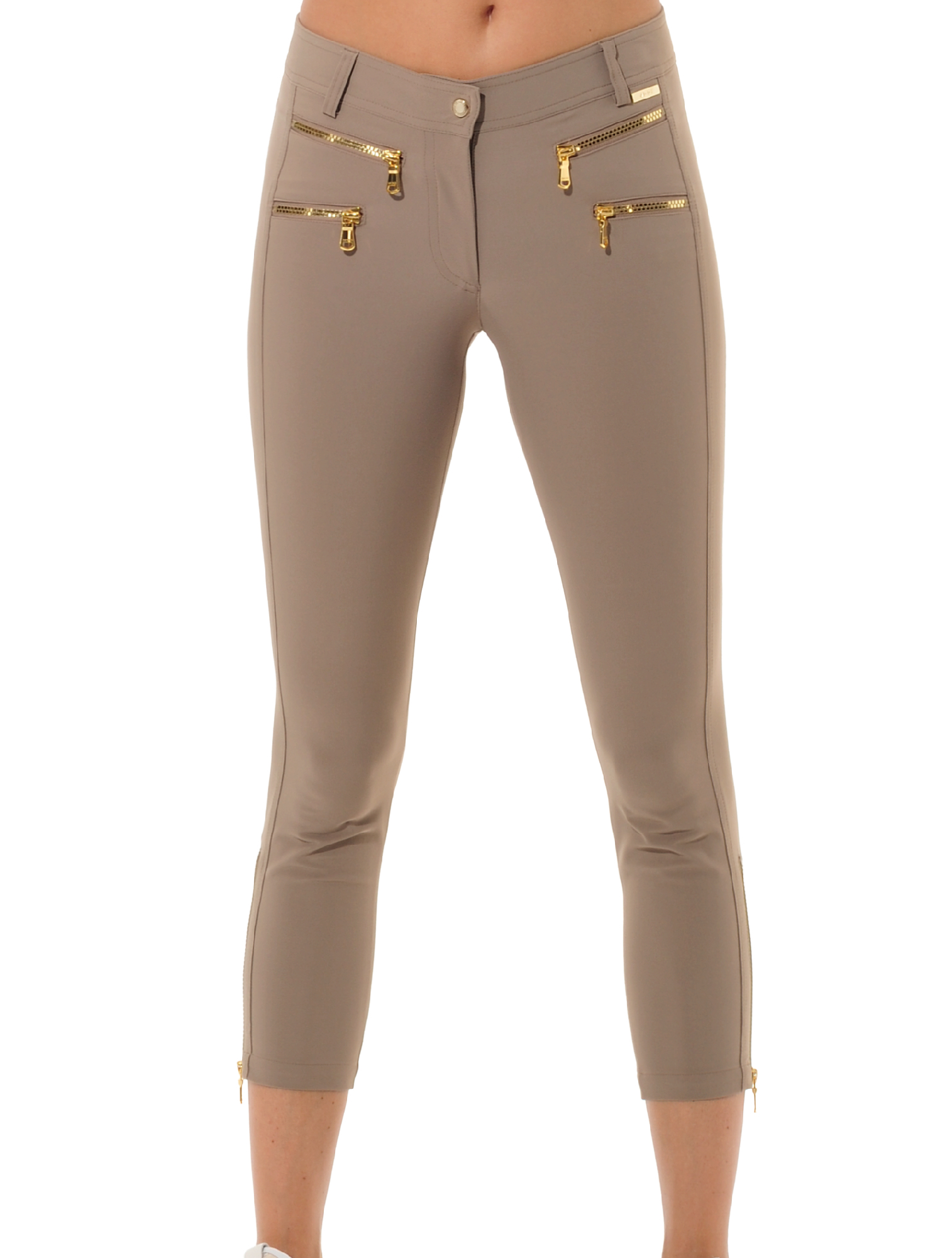 4way stretch shiny gold cube double zip cropped pants toffee 