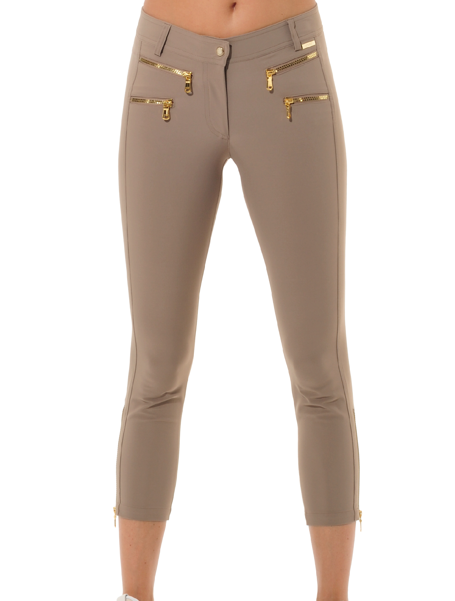 4way Stretch Shiny Gold Cube Double Zip Cropped Pants toffee