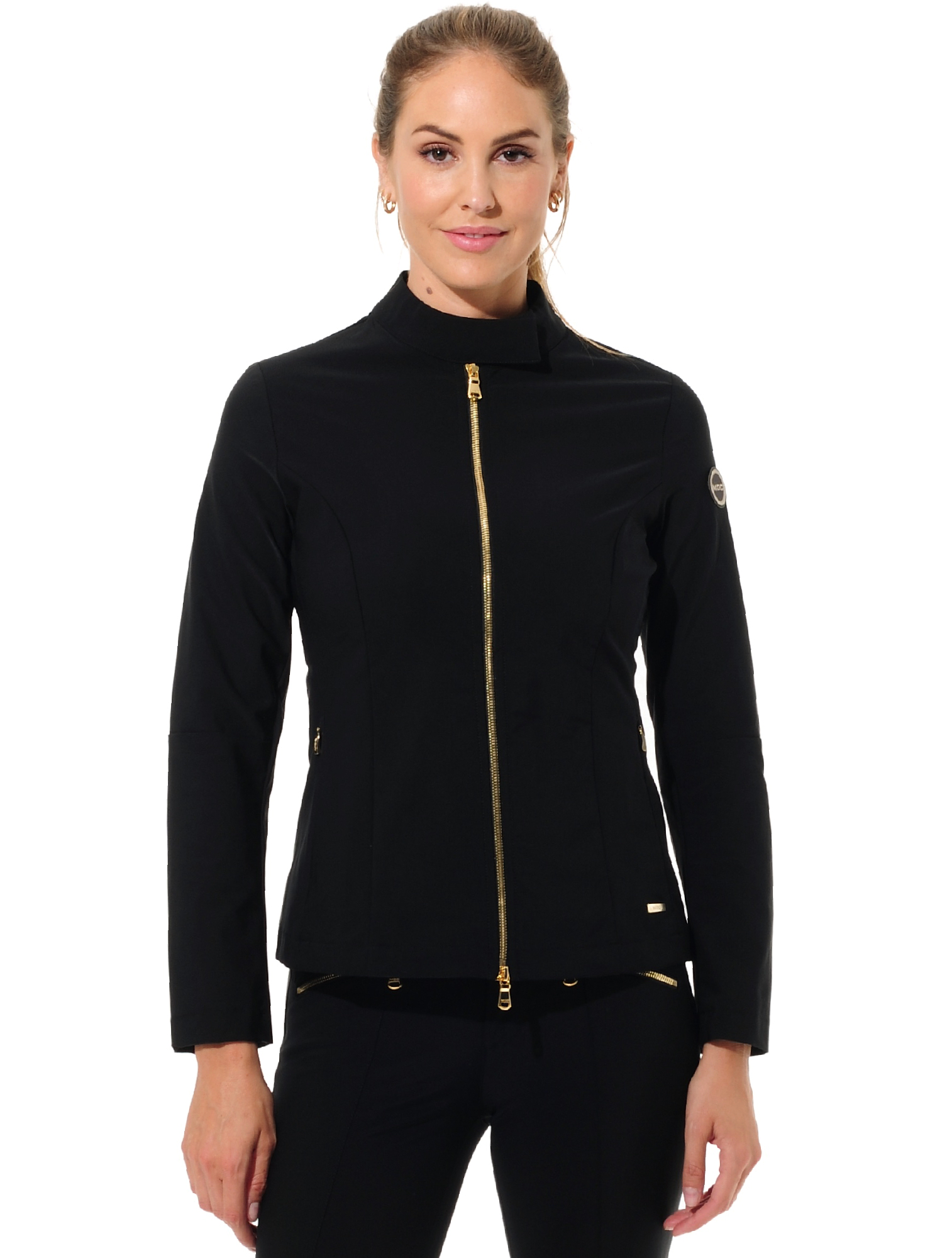 4way stretch shiny gold zip jacket black 